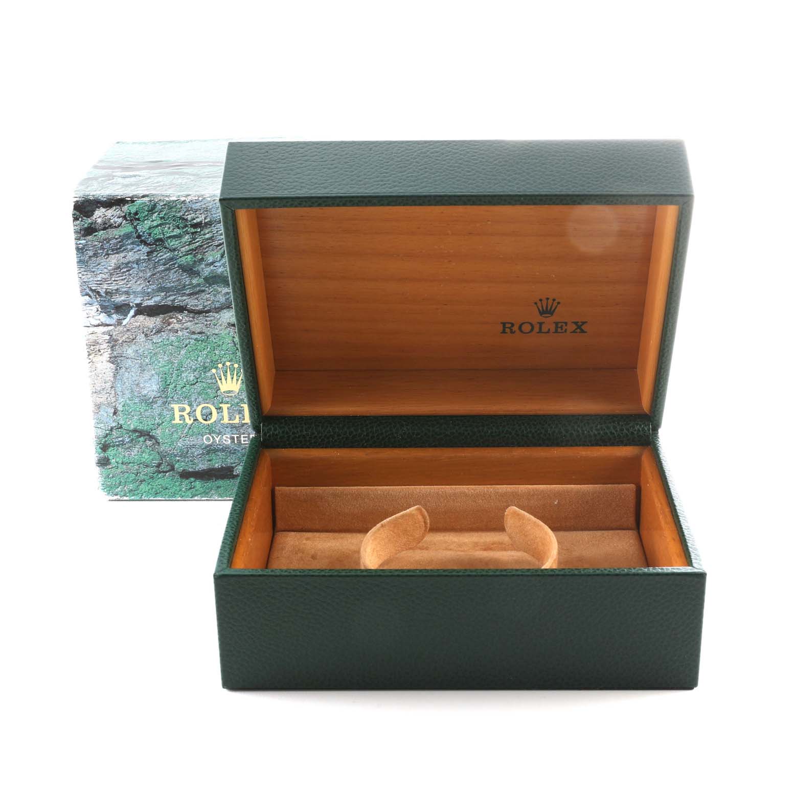 The image shows an open Rolex GMT-Master 16710 Men
s Stainless Steel Black Dial 16710 Men
s Stainless Steel Black Dial watch box and an exterior packaging box behind it.