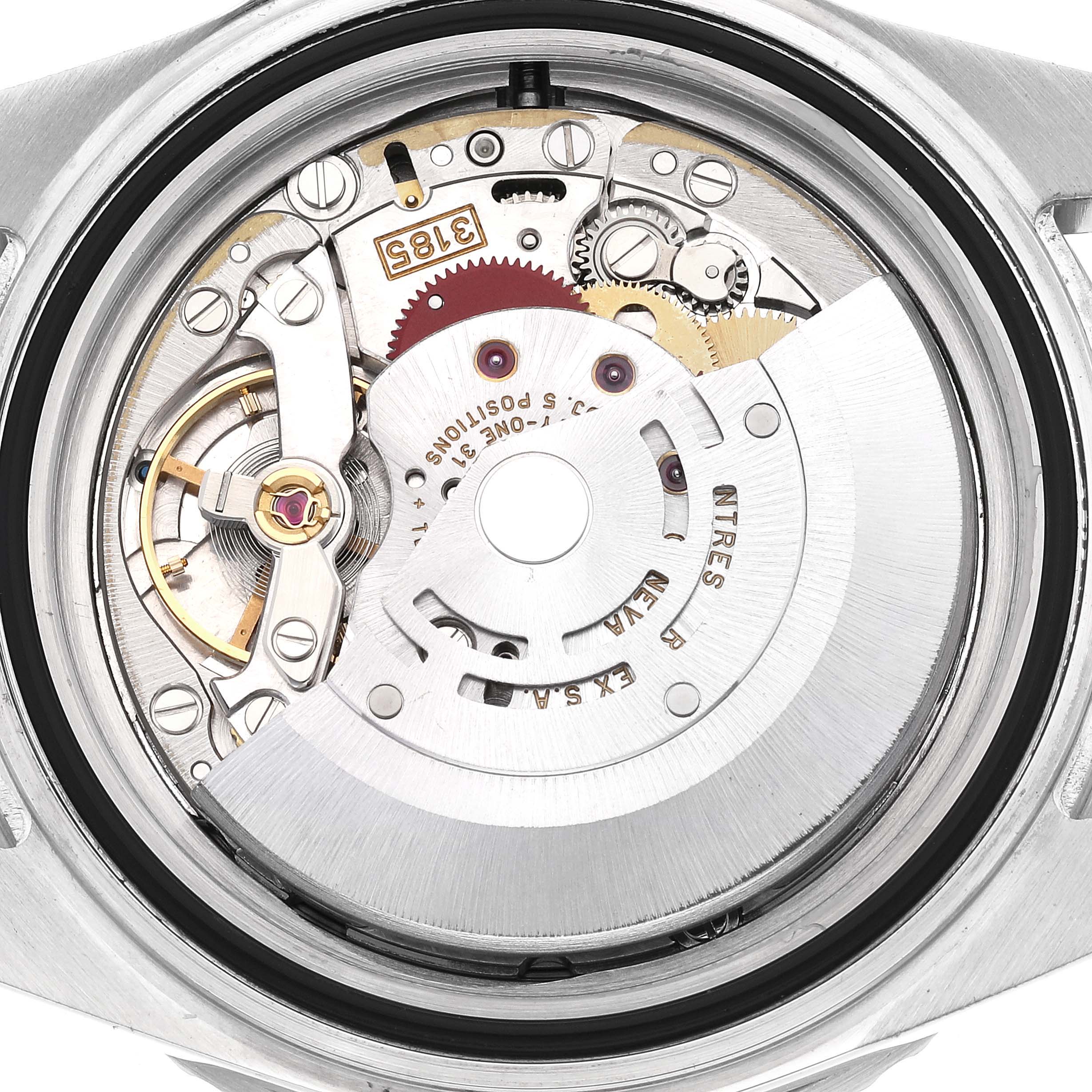This image shows a close-up of the movement and internal mechanism of a Rolex GMT-Master 16710 Men
s Stainless Steel Black Dial 16710 Men
s Stainless Steel Black Dial watch from the back.