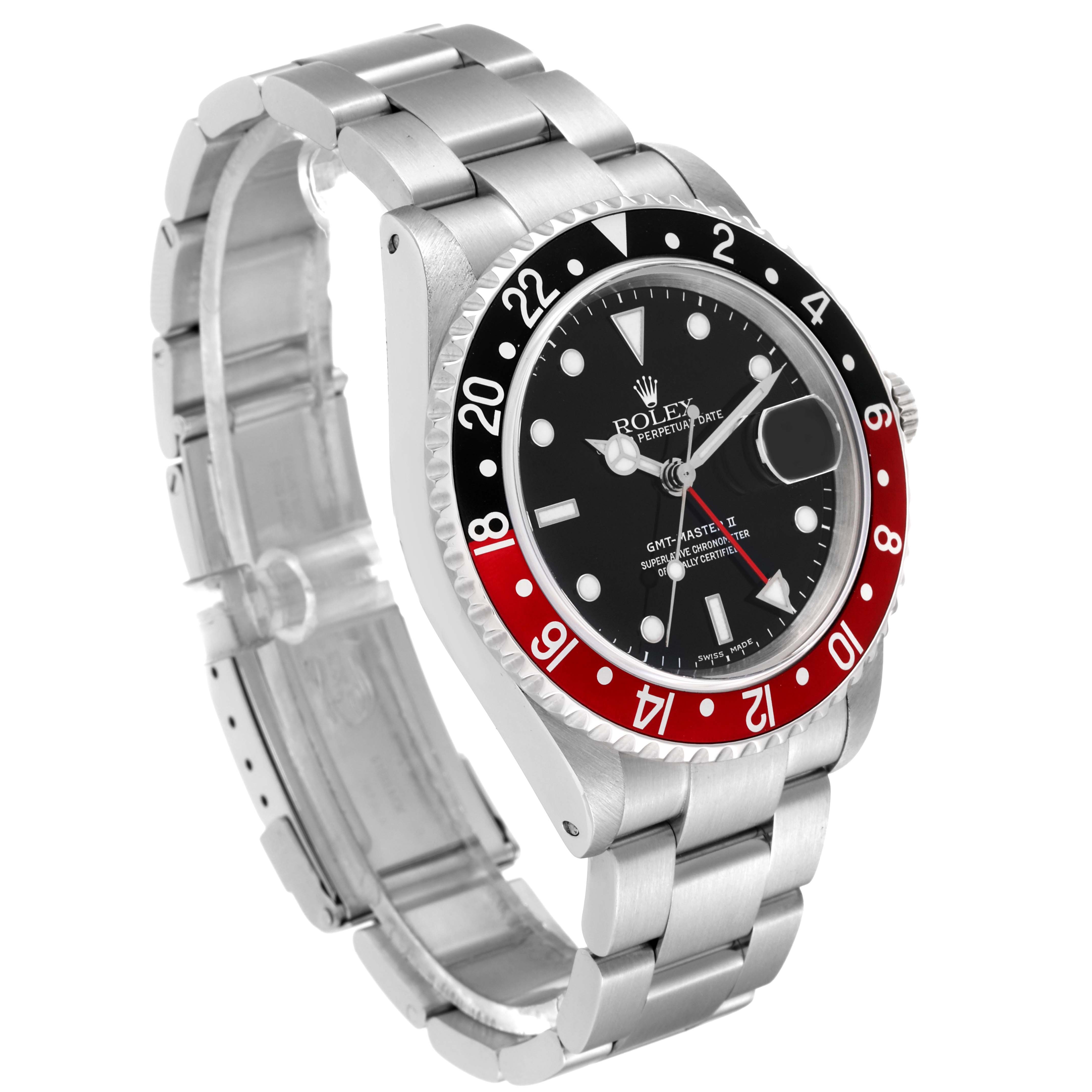 The Rolex GMT-Master 16710 Men
s Stainless Steel Black Dial 16710 Men
s Stainless Steel Black Dial watch is shown at a three-quarter angle, displaying its bezel, dial, crown, and bracelet.