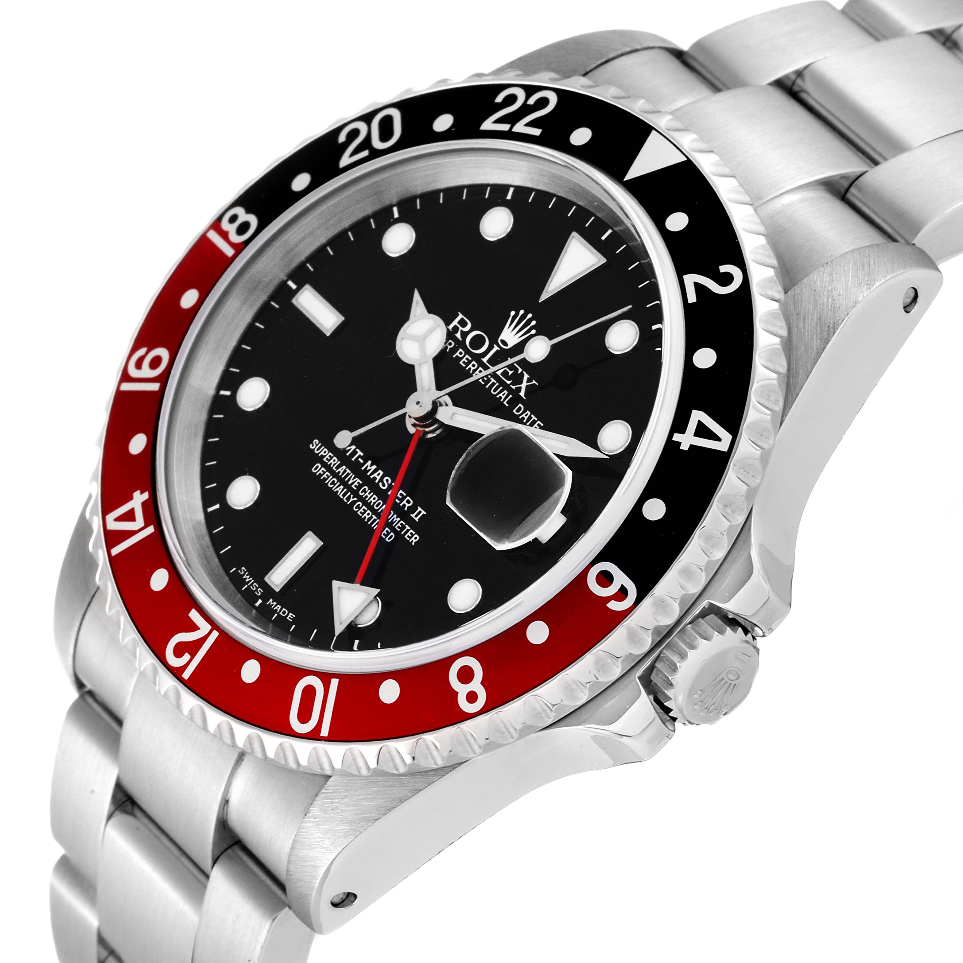 This image shows the Rolex GMT-Master 16710 Men
s Stainless Steel Black Dial 16710 Men
s Stainless Steel Black Dial II watch at an oblique angle, highlighting the face, bezel, crown, and part of the bracelet.