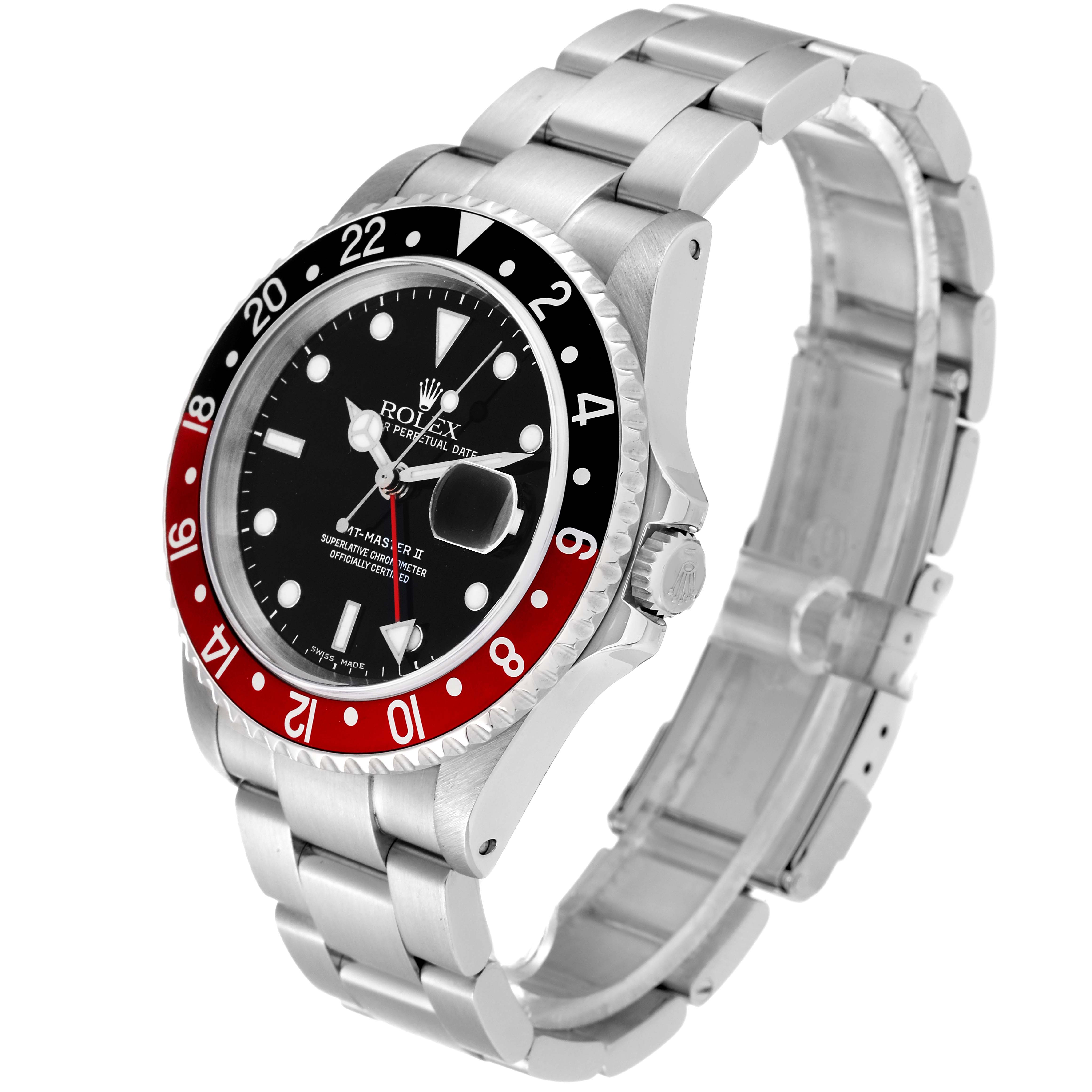 The Rolex GMT-Master 16710 Men
s Stainless Steel Black Dial 16710 Men
s Stainless Steel Black Dial watch is shown at an angled side view, displaying the bezel, dial, and bracelet.