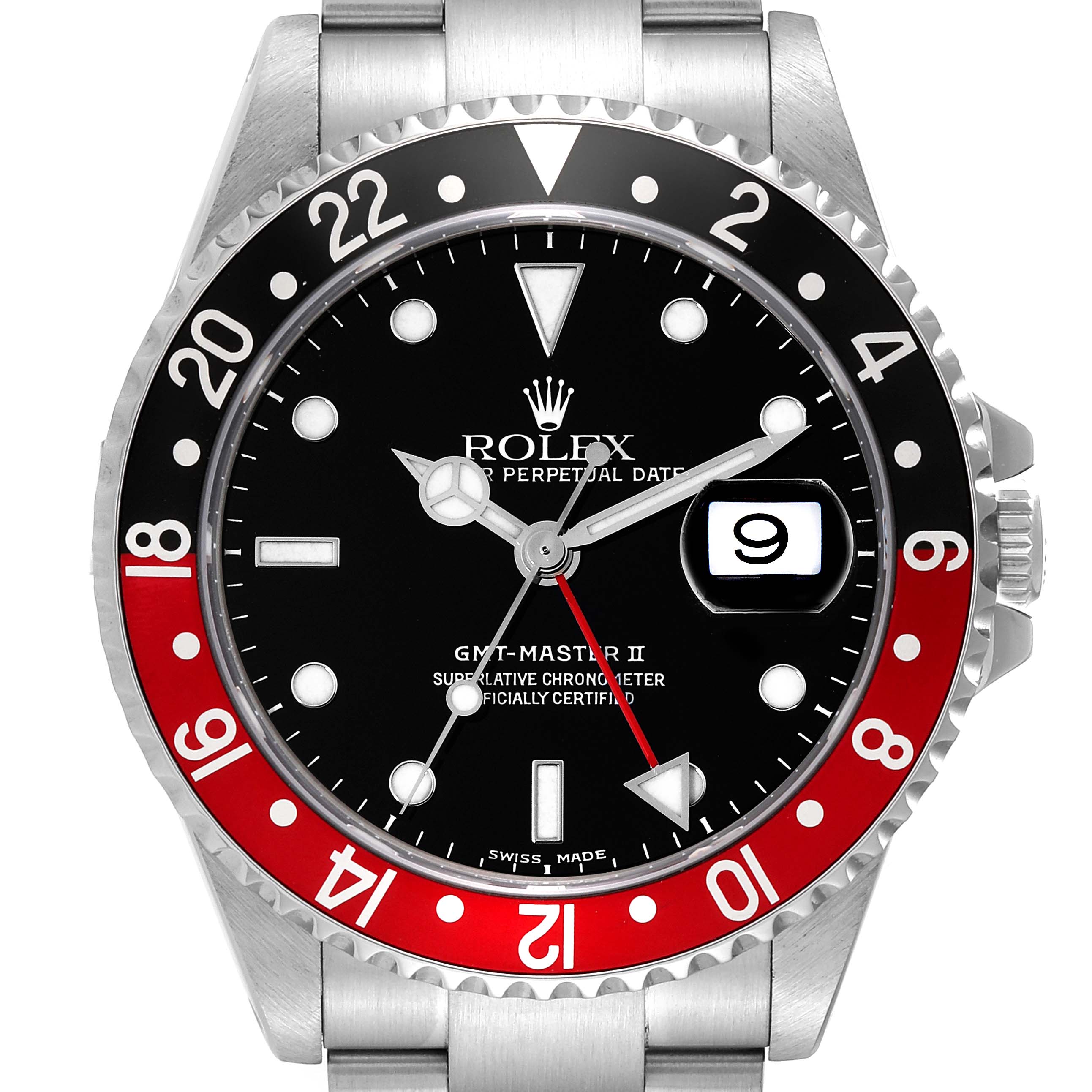This is a front view of the Rolex GMT-Master 16710 Men
s Stainless Steel Black Dial 16710 Men
s Stainless Steel Black Dial II, showcasing the dial, bezel, and bracelet attachment.