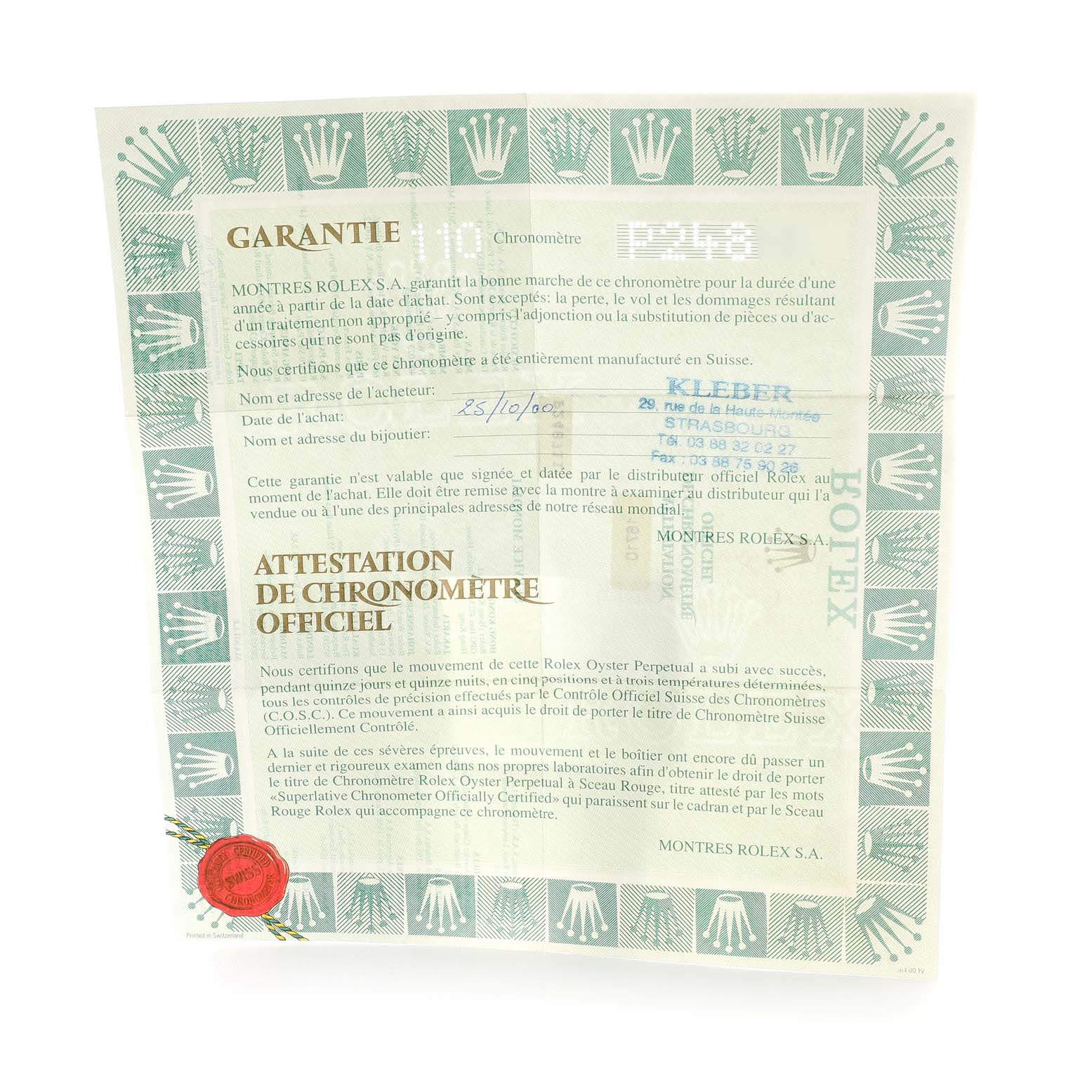 This image shows the warranty and chronometer certification papers for the Rolex GMT-Master 16710 Men
s Stainless Steel Black Dial 16710 Men
s Stainless Steel Black Dial watch.