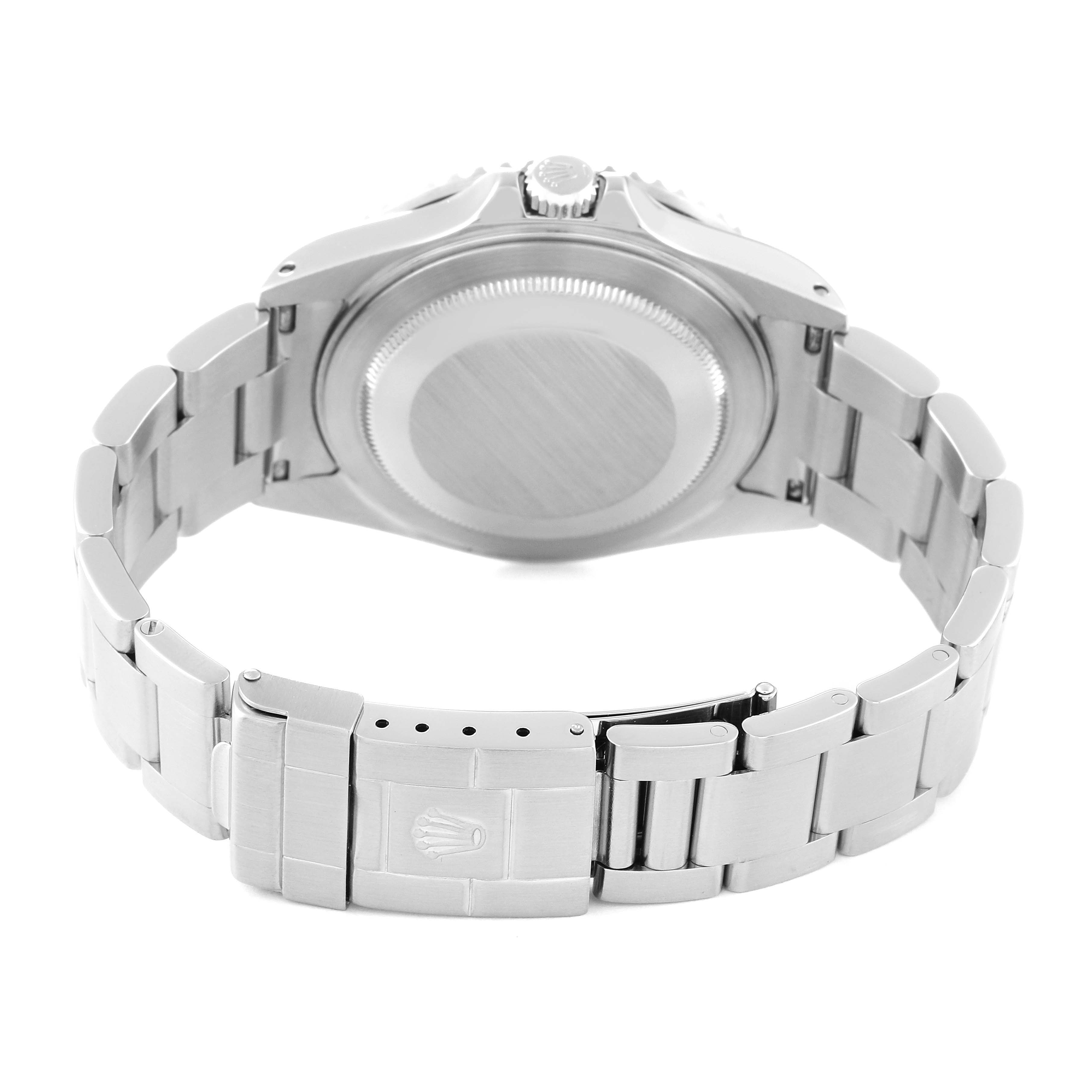 This image shows the back case and bracelet of a Rolex GMT-Master 16710 Men
s Stainless Steel Black Dial 16710 Men
s Stainless Steel Black Dial watch from a rear angle.