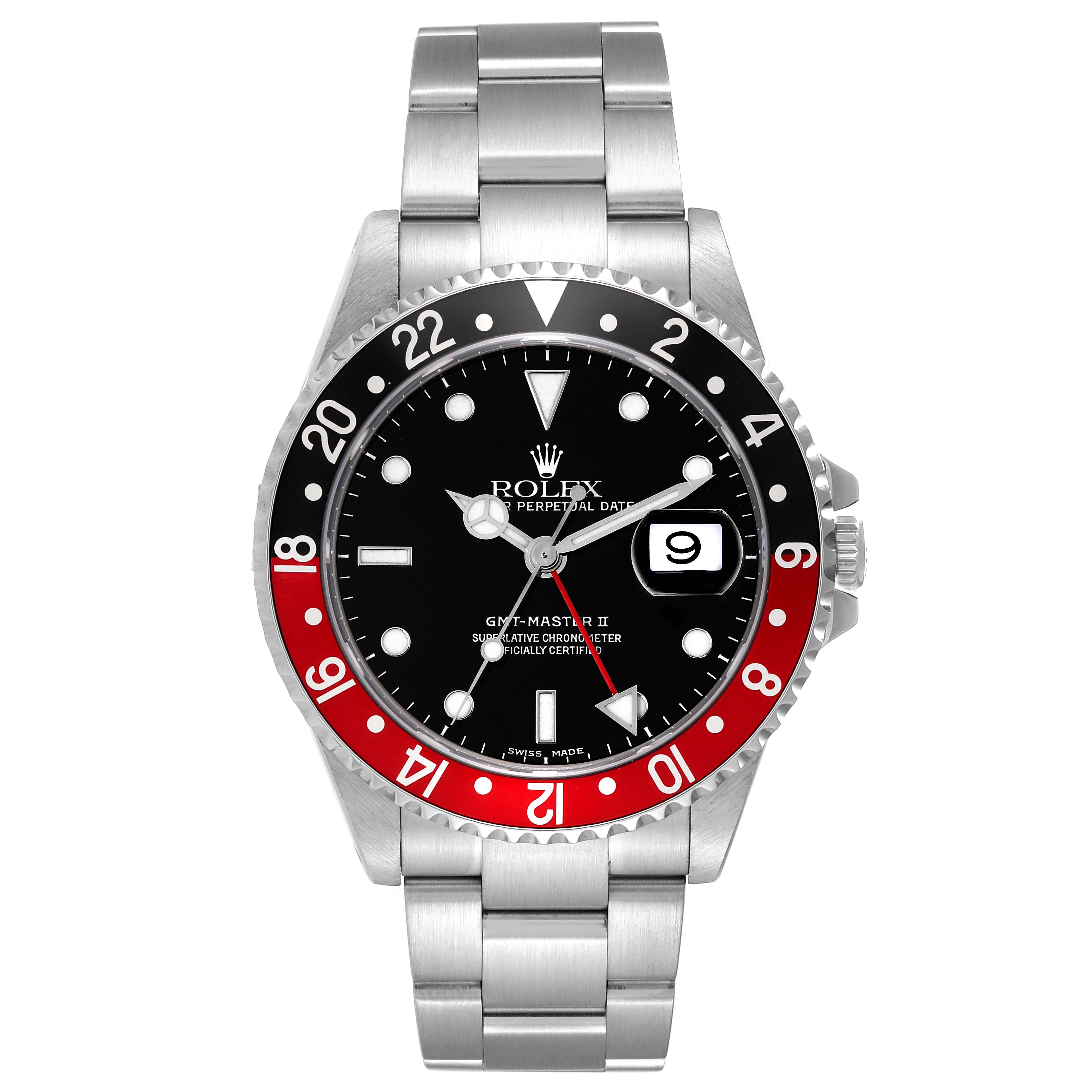 This image shows a frontal view of the Rolex GMT-Master 16710 Men
s Stainless Steel Black Dial 16710 Men
s Stainless Steel Black Dial II watch, highlighting the bezel, dial, and bracelet.