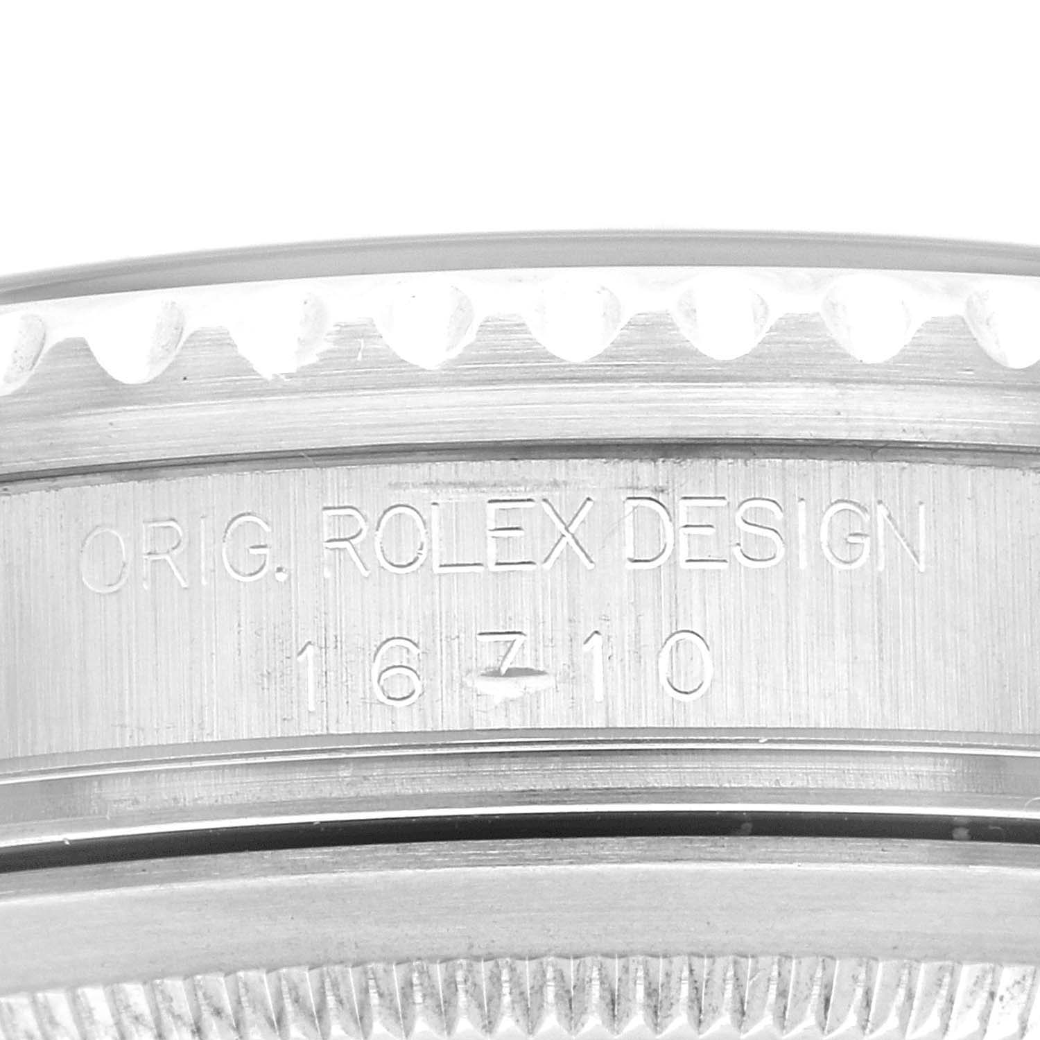This close-up image shows the side engraving on the case of a Rolex GMT-Master 16710 Men's Stainless Steel Black Dial 16710 Men's Stainless Steel Black Dial watch, displaying model number 16710.