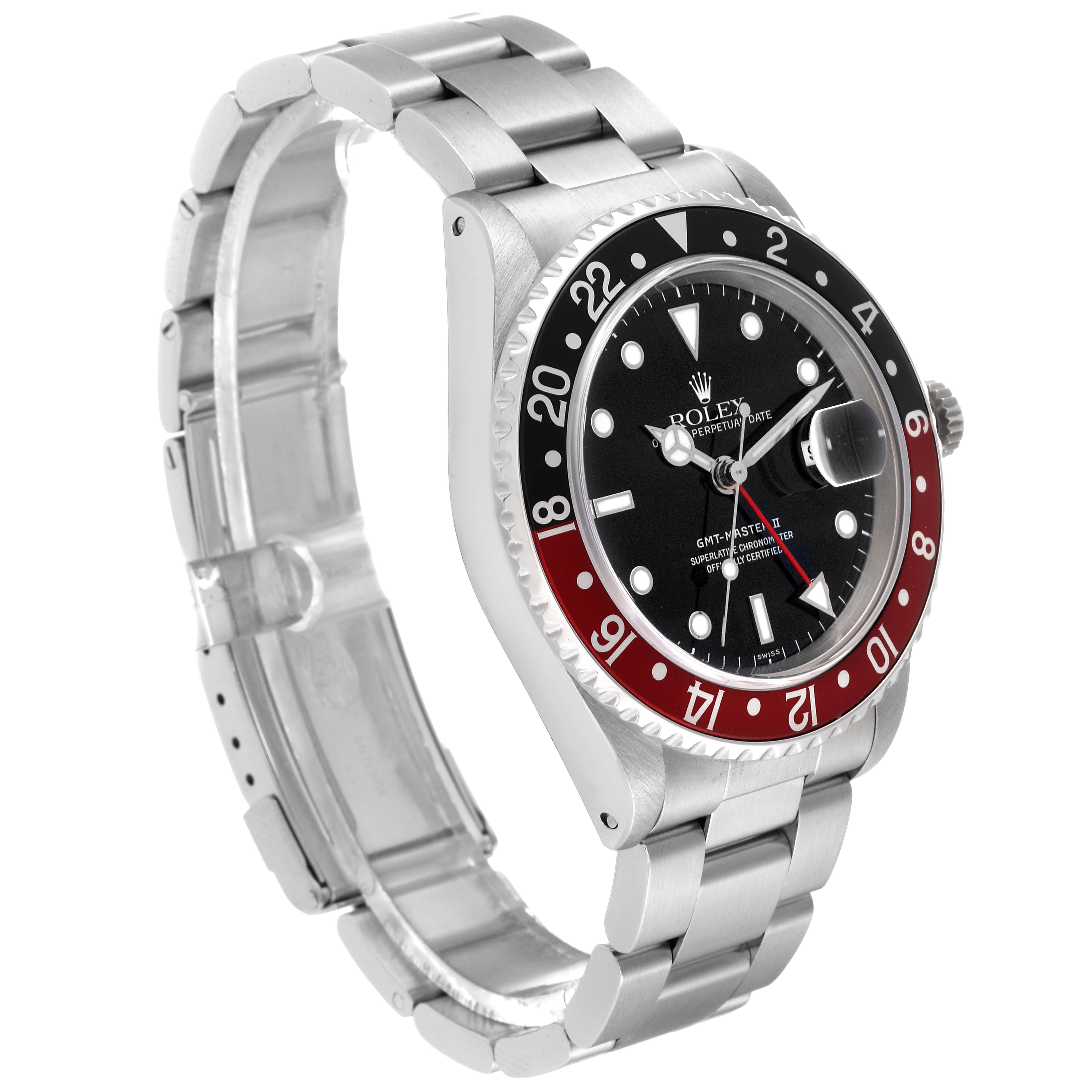 The image shows a side angle of the Rolex GMT-Master 16710 Men's Stainless Steel Black Dial 16710 Men's Stainless Steel Black Dial II watch, displaying its bezel, dial, and stainless steel bracelet.