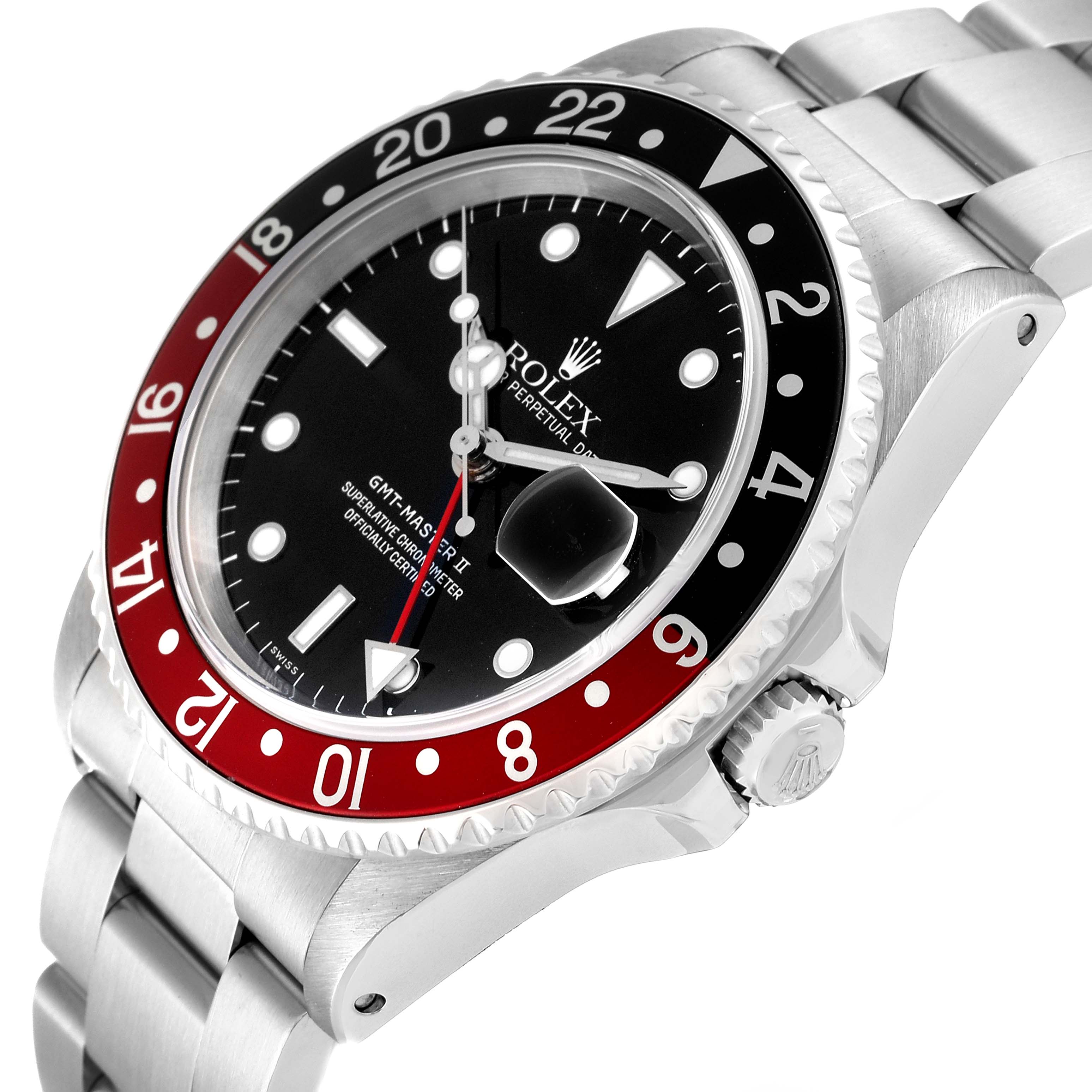 This image shows a Rolex GMT-Master 16710 Men's Stainless Steel Black Dial 16710 Men's Stainless Steel Black Dial II watch from a slightly tilted front angle, highlighting the dial, bezel, crown, and part of the bracelet.