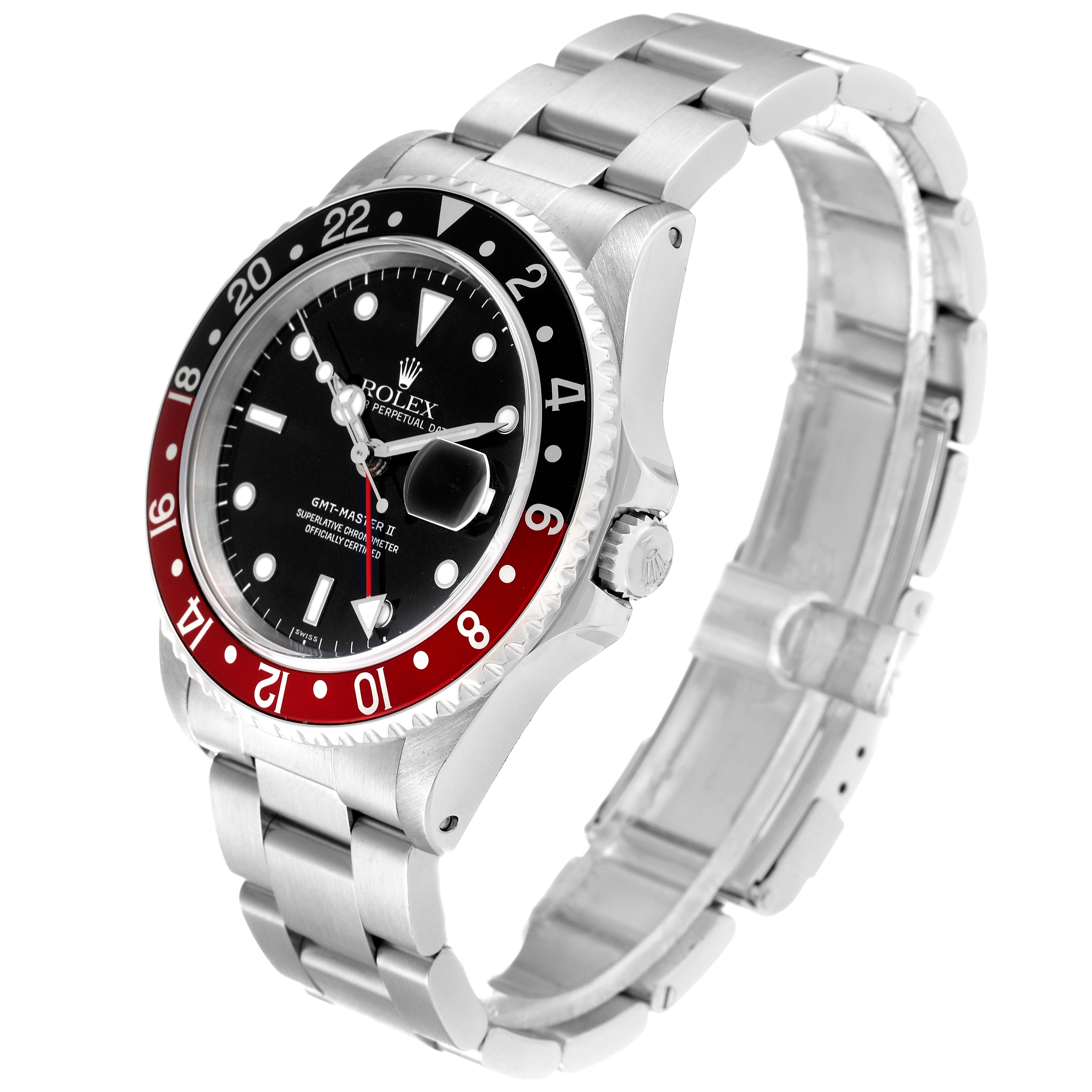 The image shows a side angle view of the Rolex GMT-Master 16710 Men's Stainless Steel Black Dial 16710 Men's Stainless Steel Black Dial watch, highlighting the bezel, dial, and bracelet.