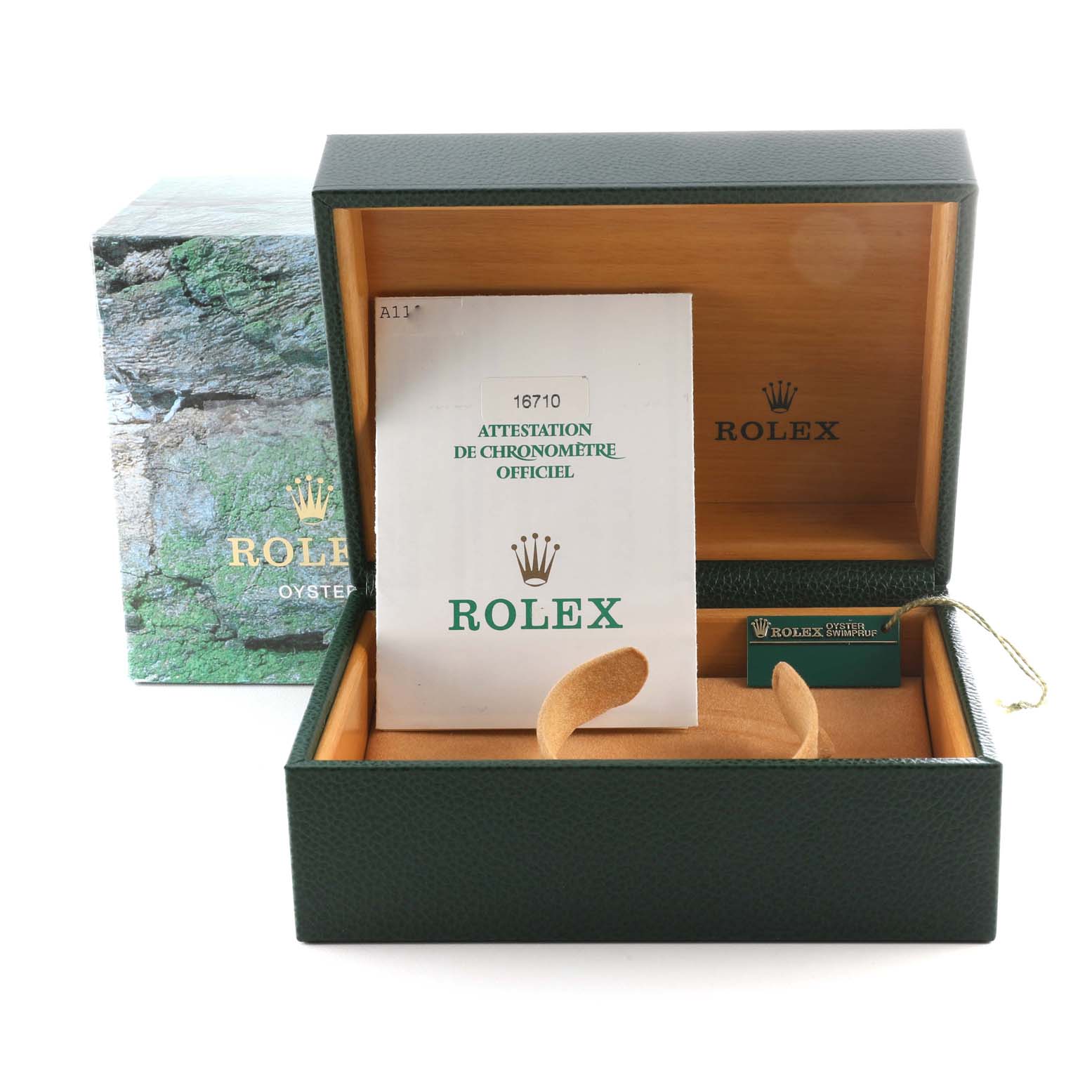 The image shows the open packaging box, certification papers, and a tag for the Rolex GMT-Master 16710 Men's Stainless Steel Black Dial 16710 Men's Stainless Steel Black Dial watch model.