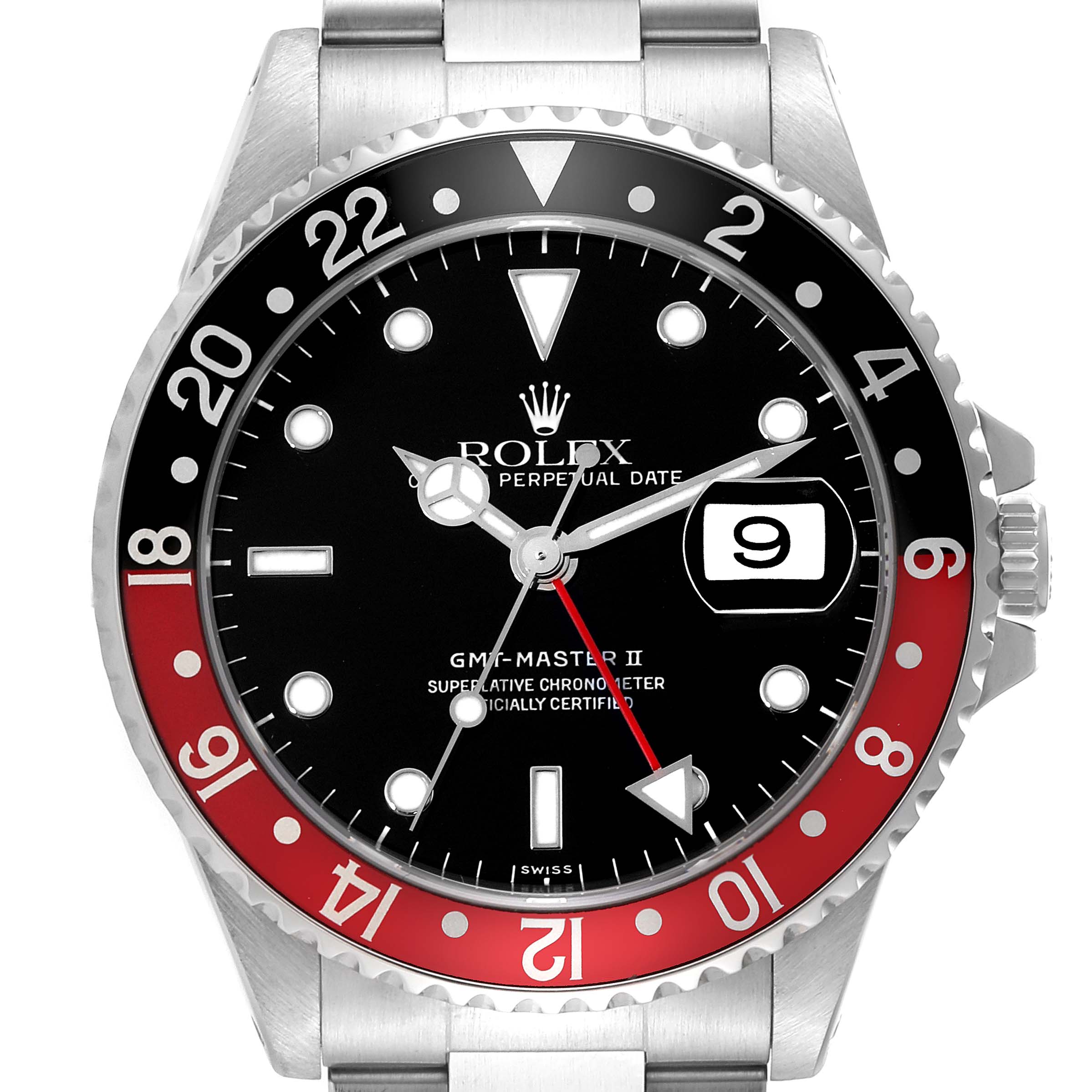 This image shows a straight-on view of a Rolex GMT-Master 16710 Men's Stainless Steel Black Dial 16710 Men's Stainless Steel Black Dial II watch, highlighting its bezel, dial, hands, and date window.