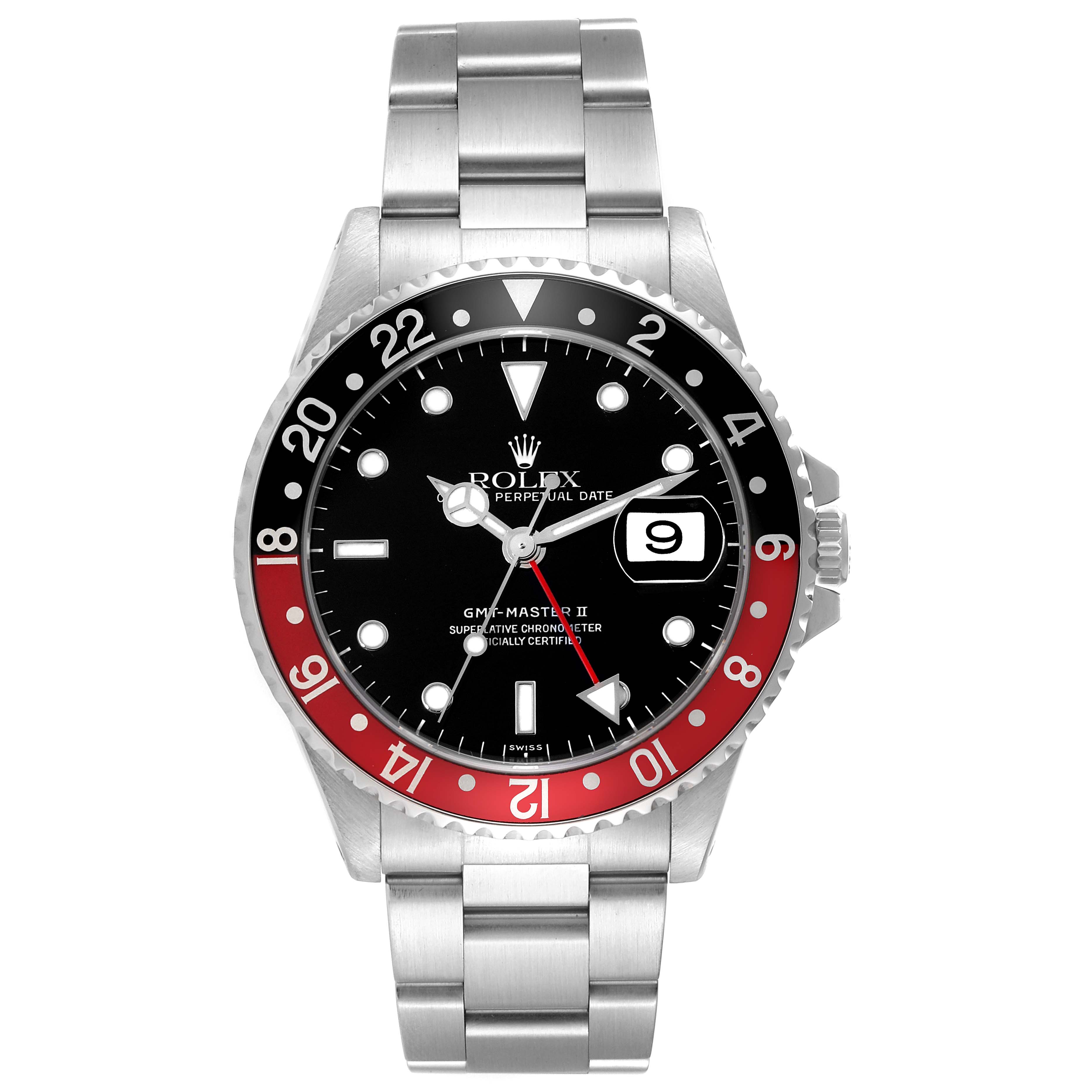 This image shows a front view of a Rolex GMT-Master 16710 Men's Stainless Steel Black Dial 16710 Men's Stainless Steel Black Dial II watch, highlighting the dial, bezel, case, and bracelet.