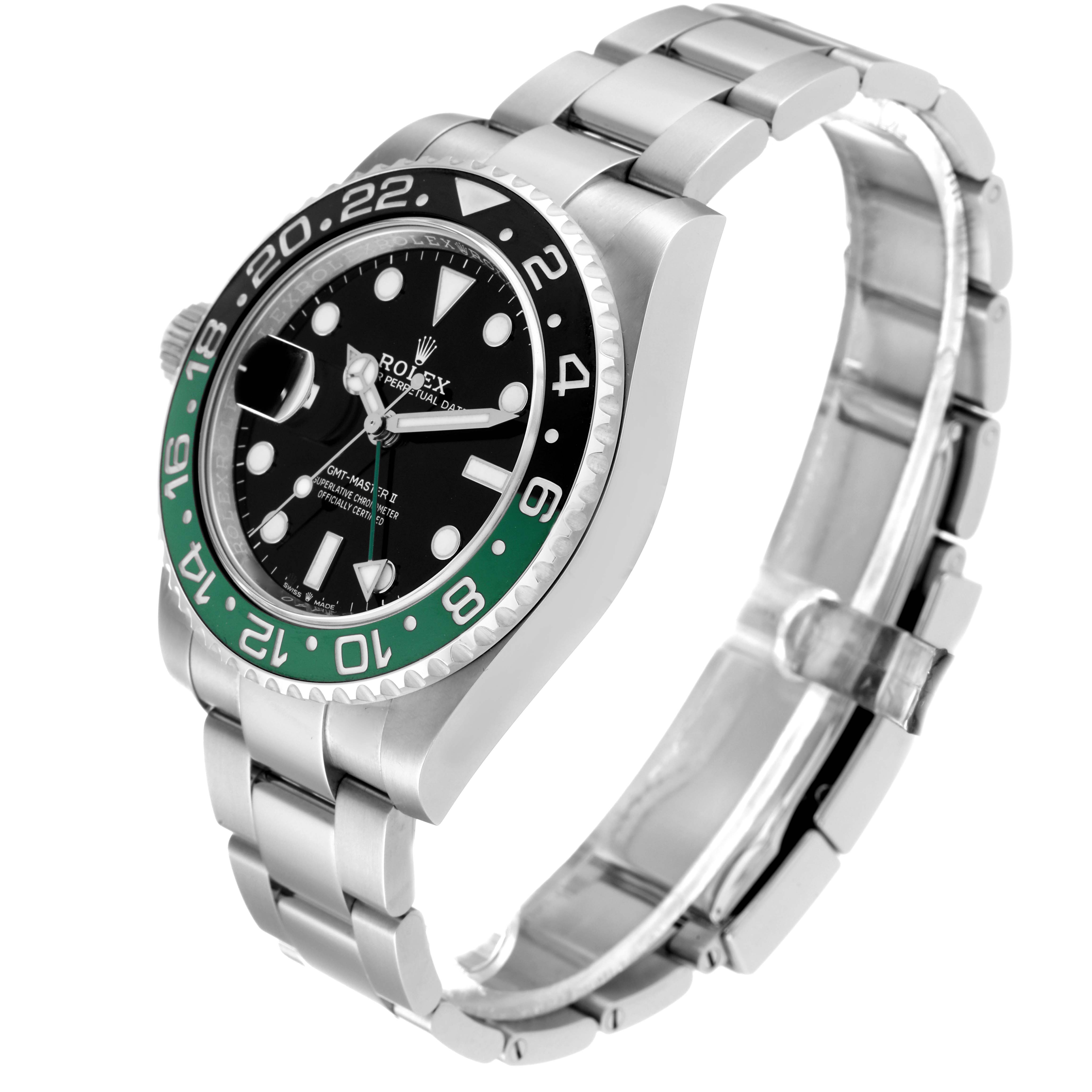 The Rolex GMT-Master 126720VTNR Men's Stainless Steel Black Dial 126720VTNR Men's Stainless Steel Black Dial watch is shown at an oblique angle, displaying the face, bezel, and stainless steel bracelet.