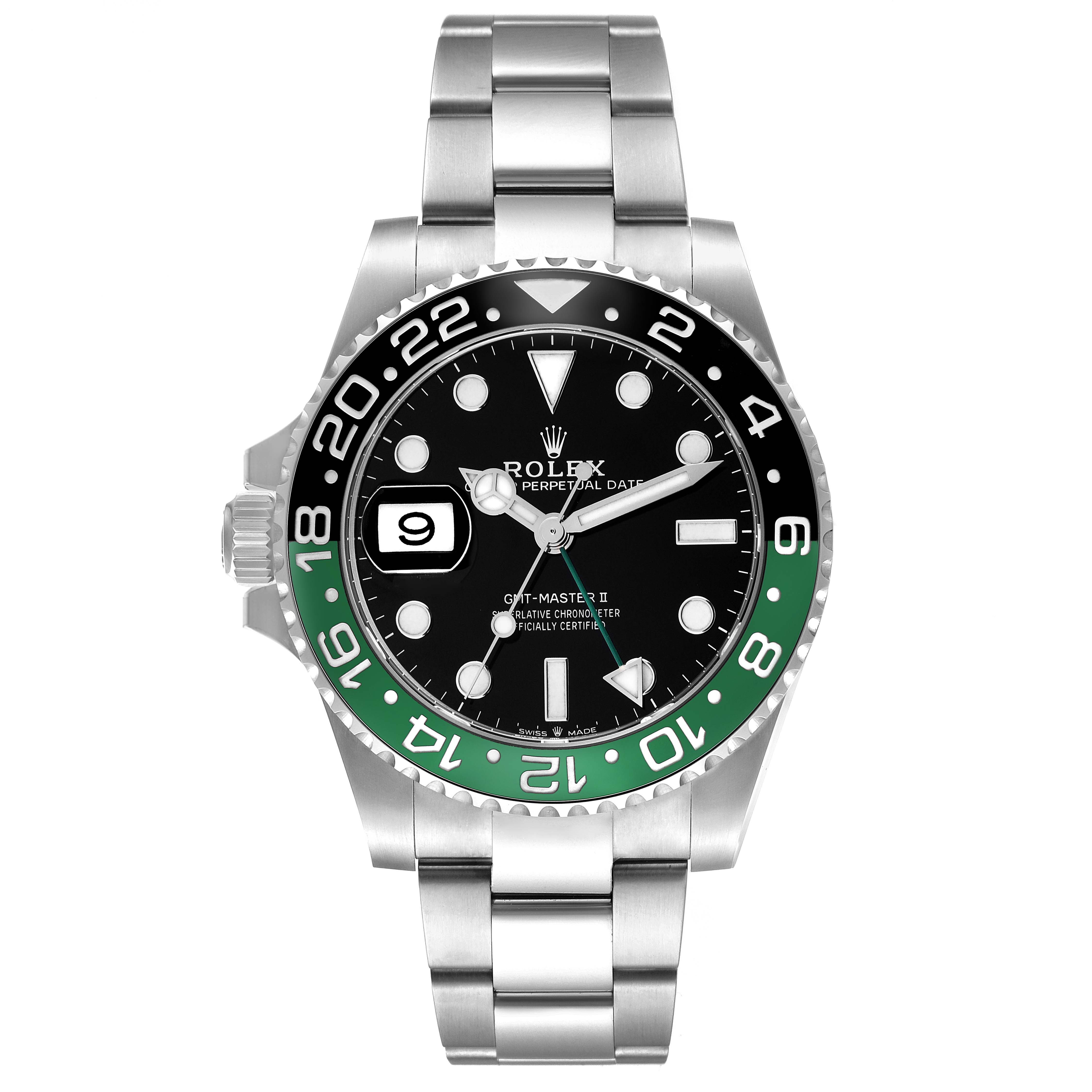 The image shows a frontal view of the Rolex GMT-Master 126720VTNR Men's Stainless Steel Black Dial 126720VTNR Men's Stainless Steel Black Dial II watch, displaying its face, bezel, and stainless steel bracelet.