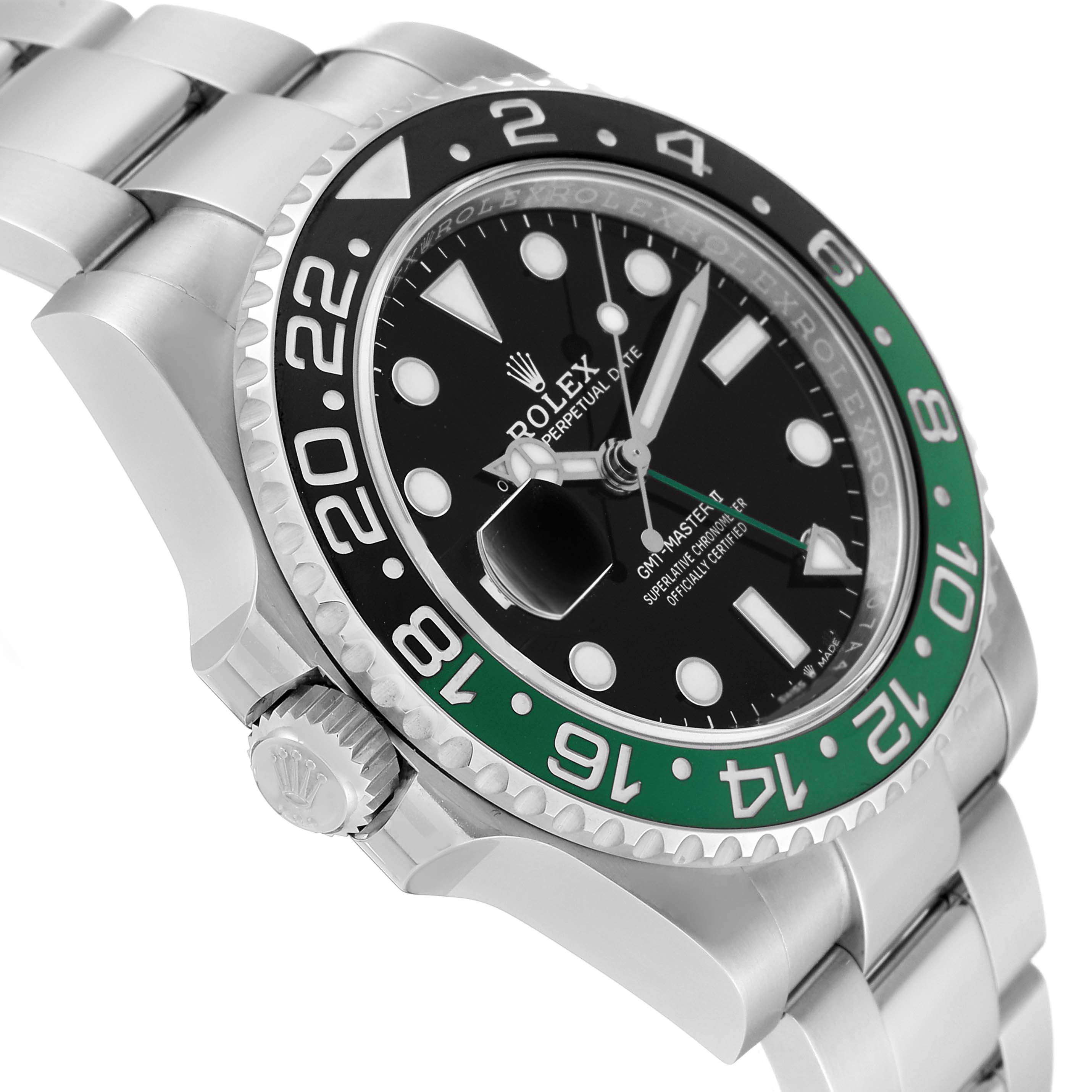 This image shows a side angle of the Rolex GMT-Master 126720VTNR Men's Stainless Steel Black Dial 126720VTNR Men's Stainless Steel Black Dial II, featuring its bezel, crown, and part of the bracelet.