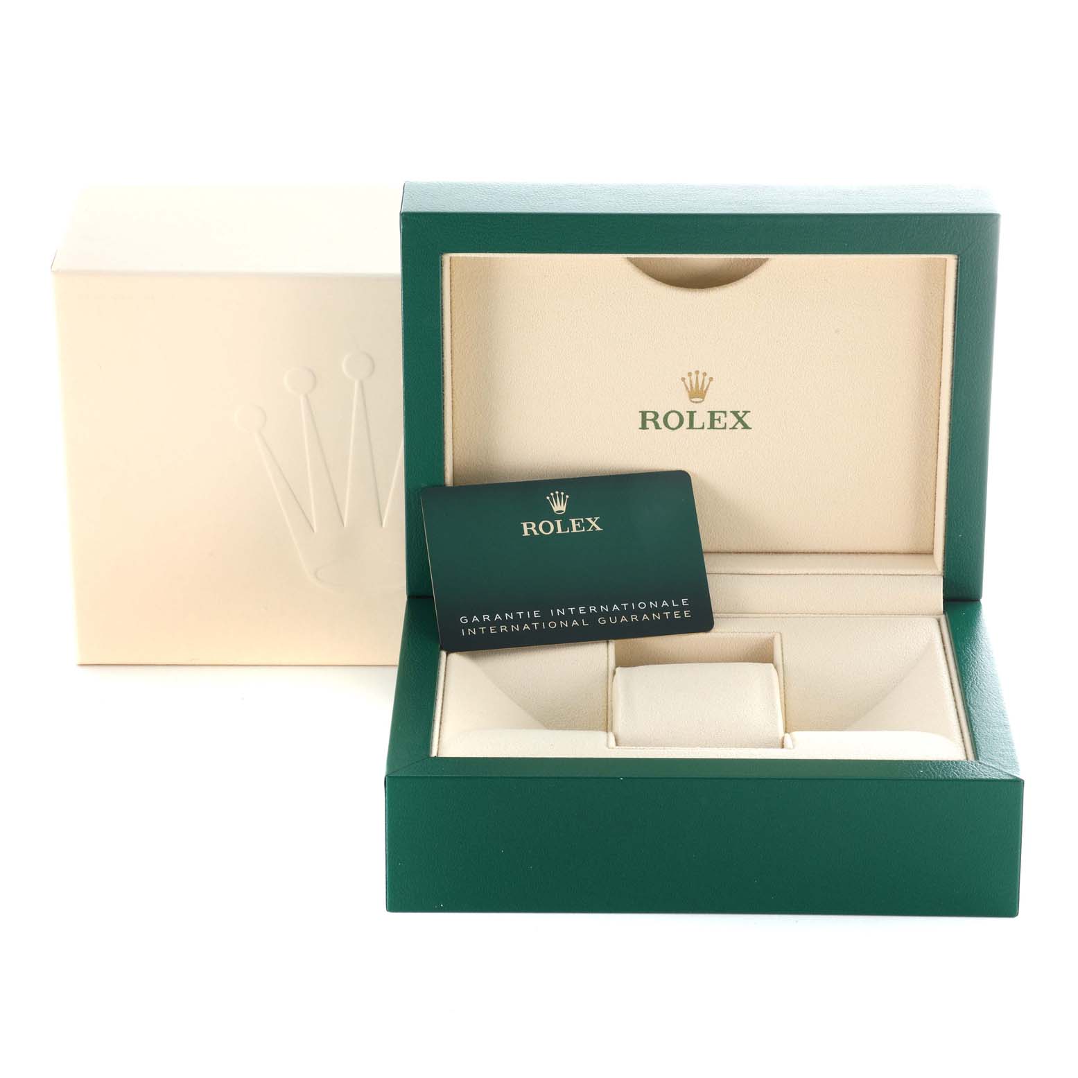 The image shows a Rolex GMT-Master 126720VTNR Men's Stainless Steel Black Dial 126720VTNR Men's Stainless Steel Black Dial watch box and an international guarantee card, both at a front angle.