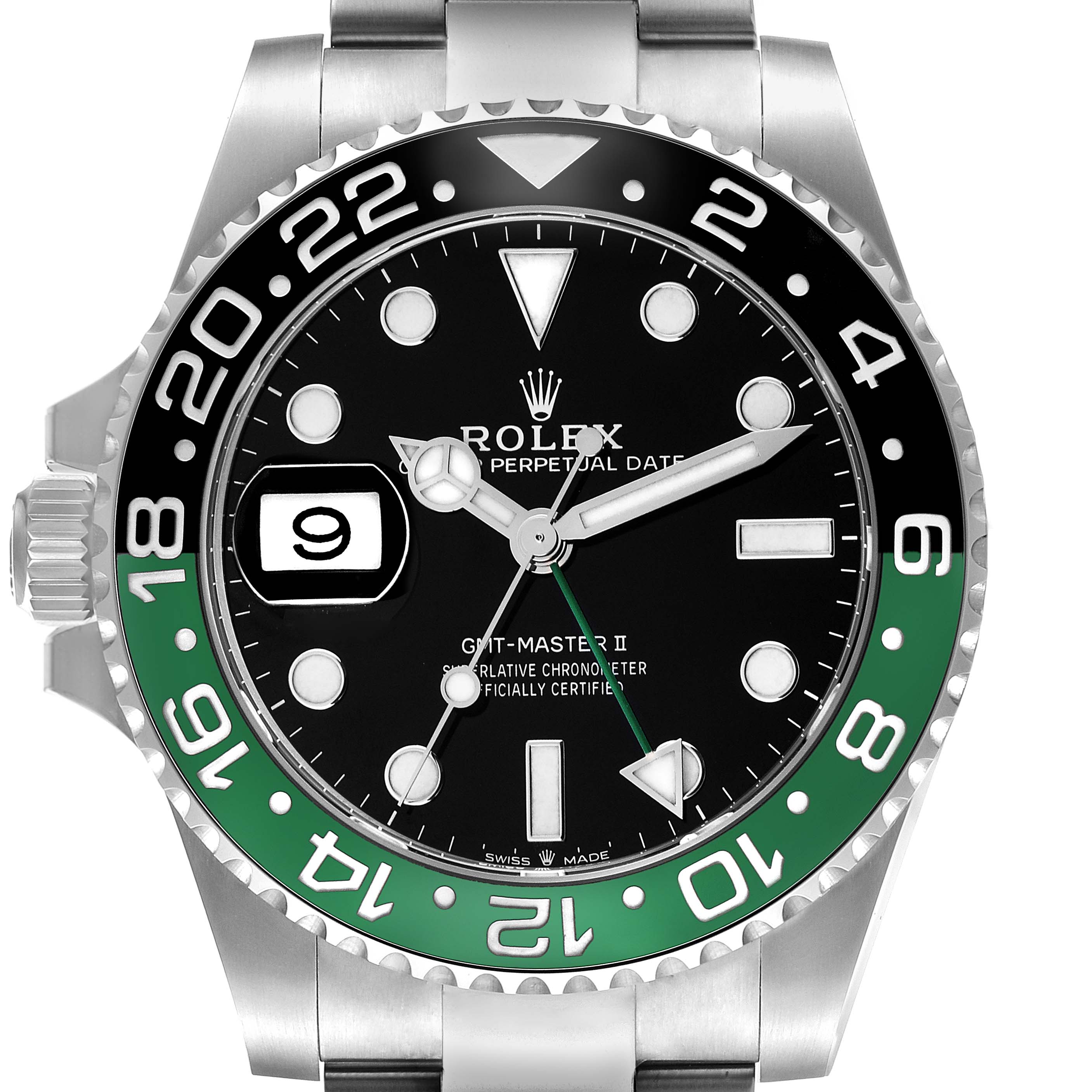 The image shows a Rolex GMT-Master 126720VTNR Men's Stainless Steel Black Dial 126720VTNR Men's Stainless Steel Black Dial II watch from a front angle, highlighting its dial, hands, bezel, and part of the bracelet.
