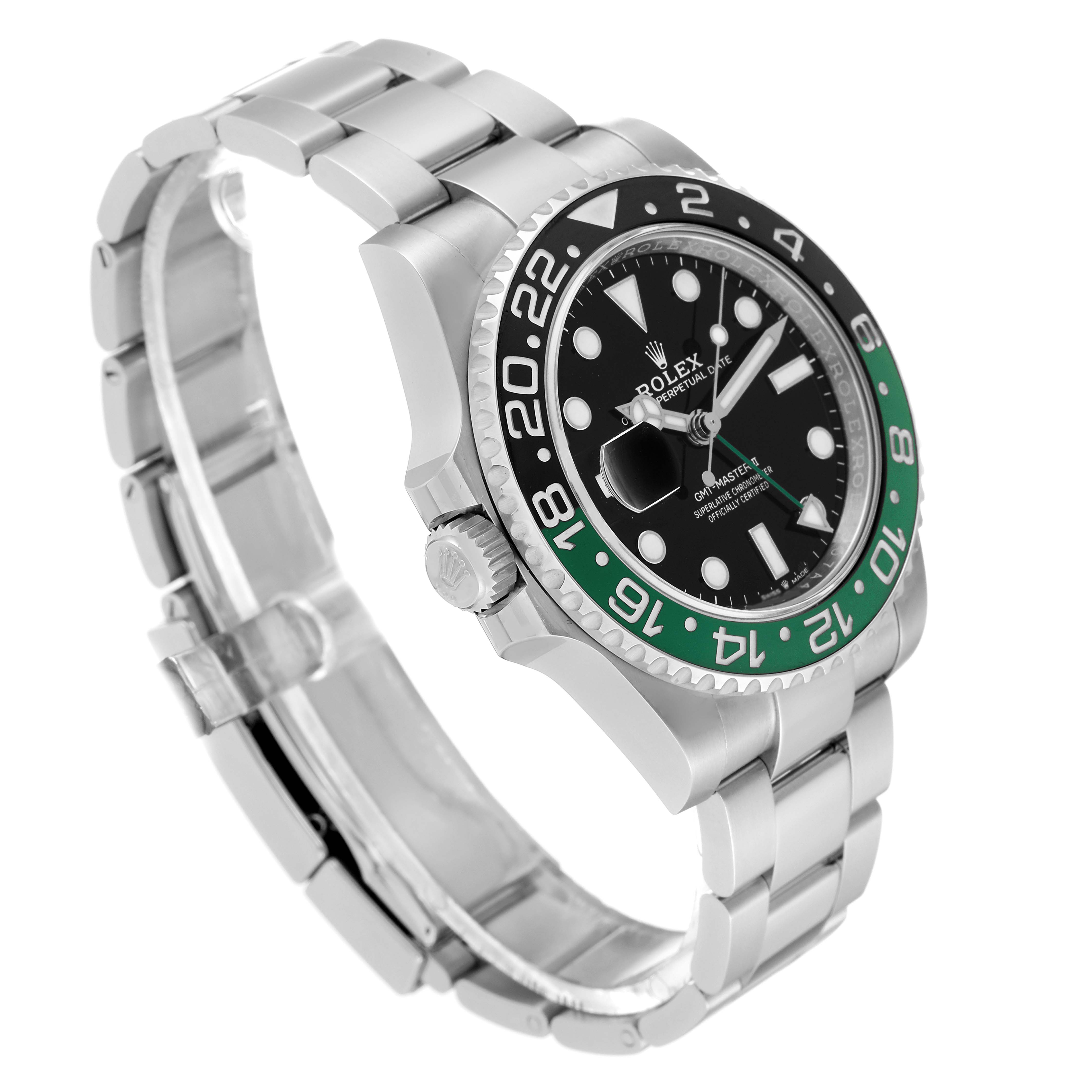 The image shows a Rolex GMT-Master 126720VTNR Men's Stainless Steel Black Dial 126720VTNR Men's Stainless Steel Black Dial watch at a slight angle, highlighting its black and green bezel, face, and metal bracelet.