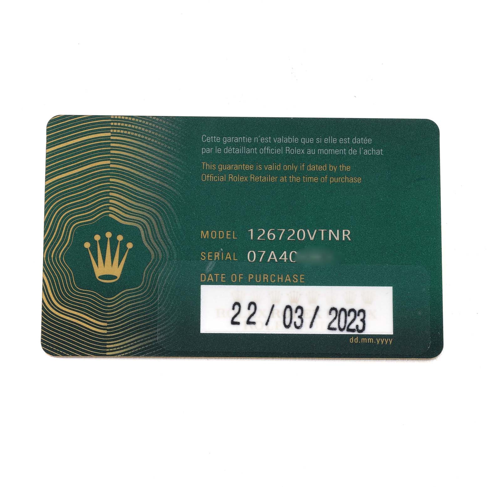 The image shows a warranty card for the Rolex GMT-Master 126720VTNR Men's Stainless Steel Black Dial 126720VTNR Men's Stainless Steel Black Dial model 126720VTNR.