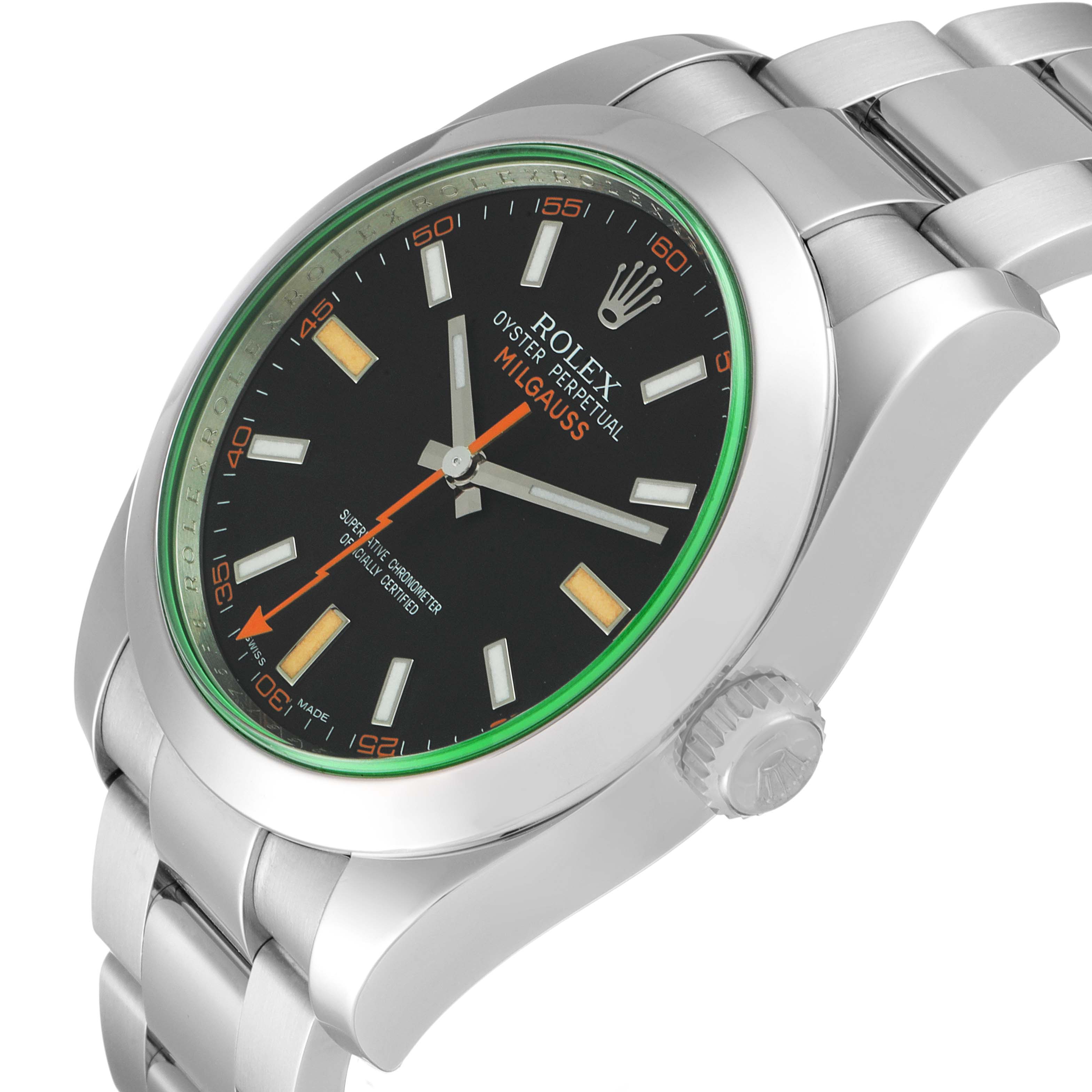 The image shows a side angle of the Rolex Milgauss 116400V Men's Stainless Steel Black Dial 116400V Men's Stainless Steel Black Dial watch, highlighting the dial, crown, and a portion of the bracelet.