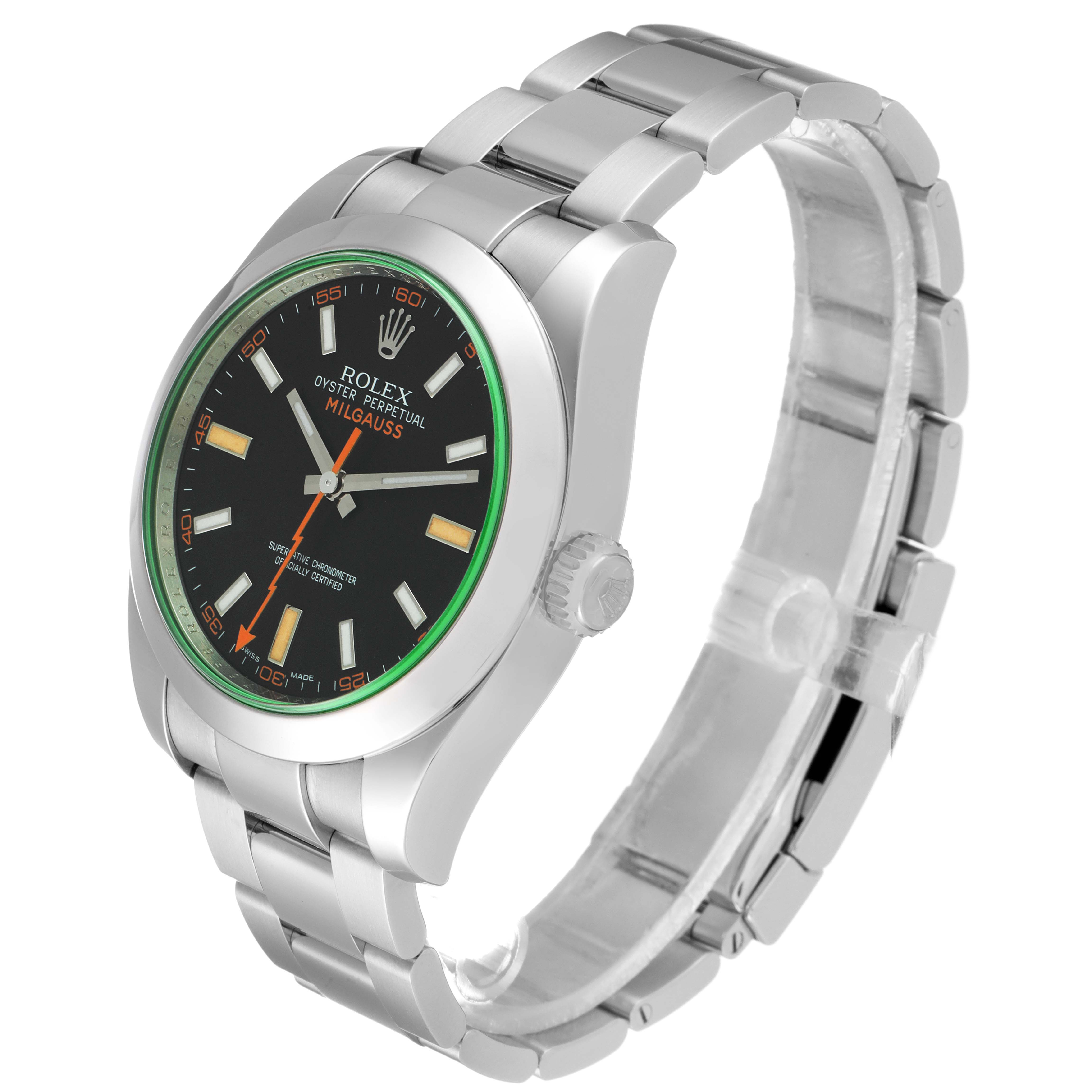 The image shows a side-angle view of a Rolex Milgauss 116400V Men's Stainless Steel Black Dial 116400V Men's Stainless Steel Black Dial watch, highlighting its face, bezel, case, crown, and bracelet.