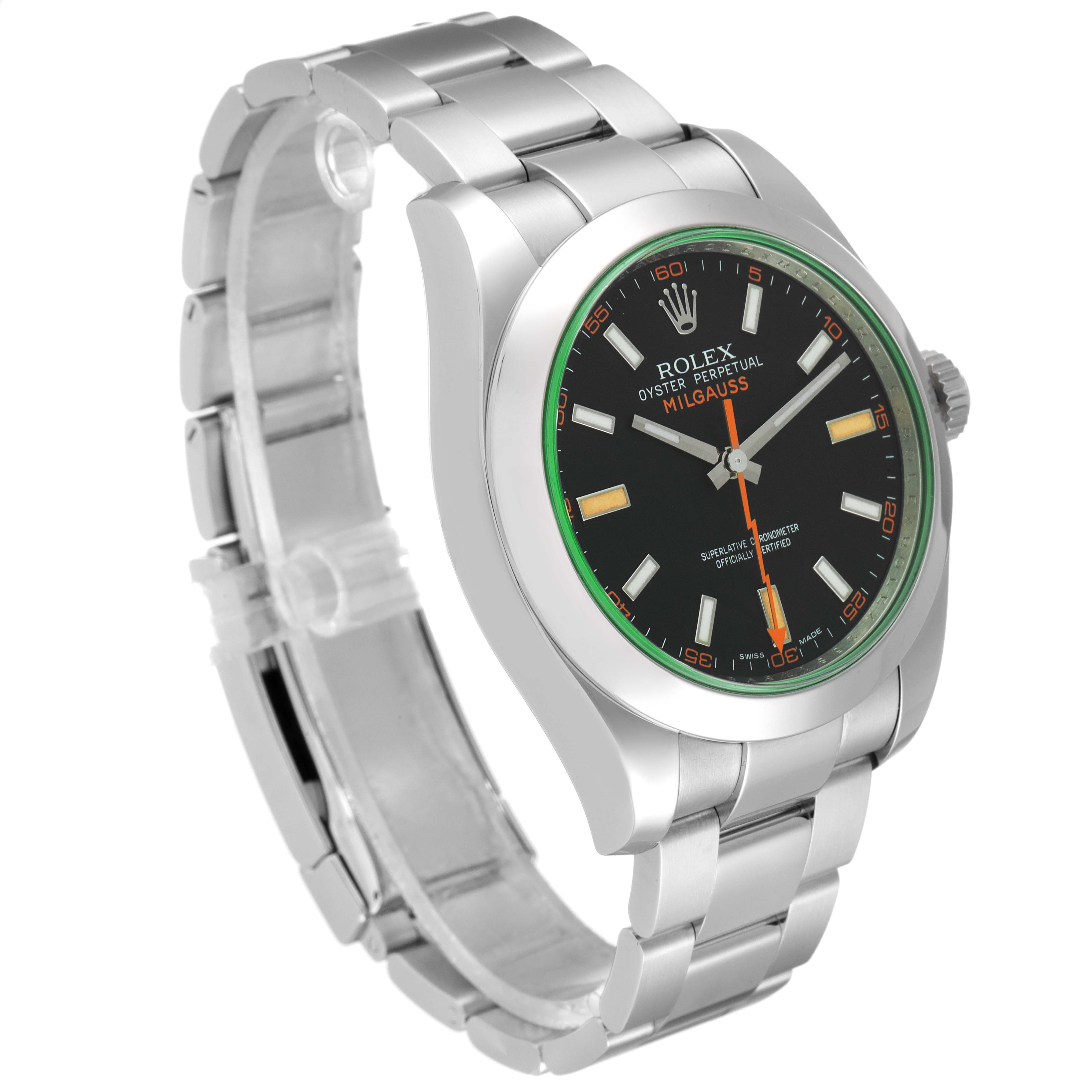 The image shows a side angle of the Rolex Milgauss 116400V Men's Stainless Steel Black Dial 116400V Men's Stainless Steel Black Dial watch, highlighting its black dial, green bezel, and stainless steel bracelet.