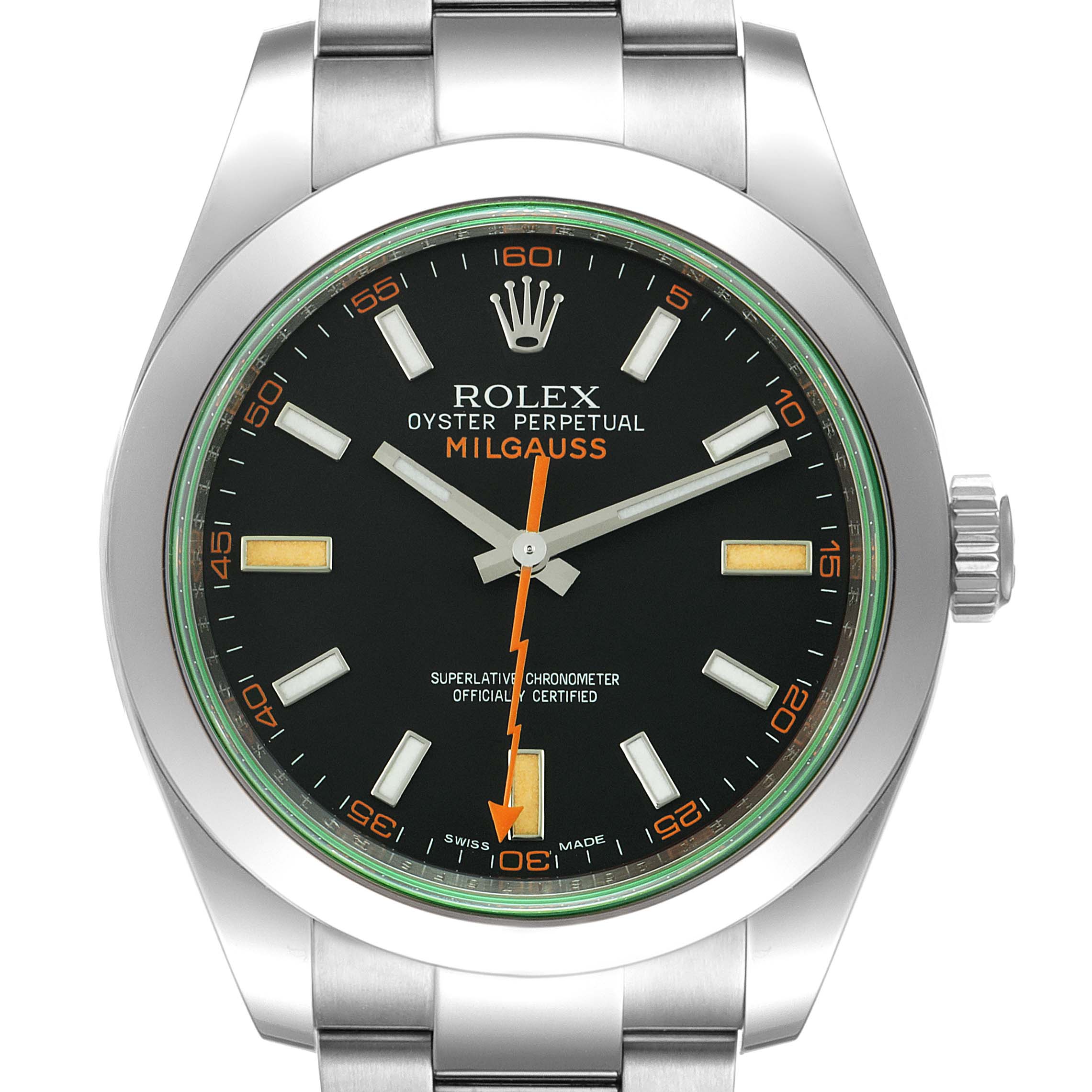 This image shows a front view of the Rolex Milgauss 116400V Men's Stainless Steel Black Dial 116400V Men's Stainless Steel Black Dial watch, displaying its dial, hands, case, crown, and part of the bracelet.