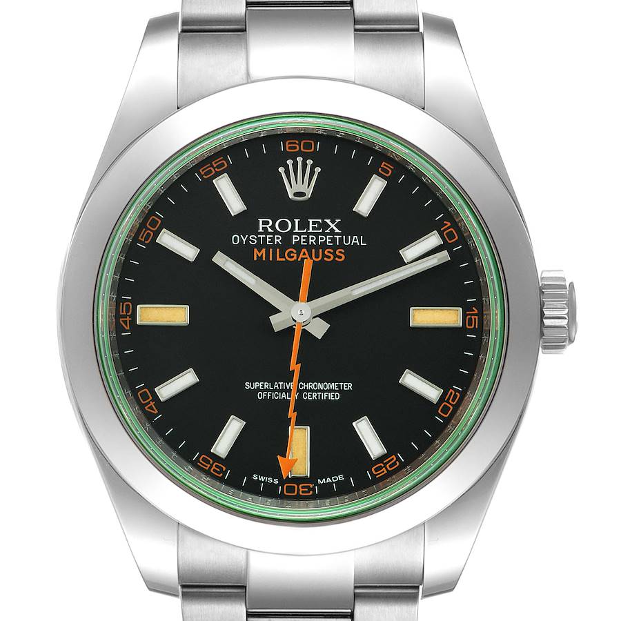 Rolex Milgauss Black Dial Green Crystal Steel Mens Watch 116400V SwissWatchExpo
