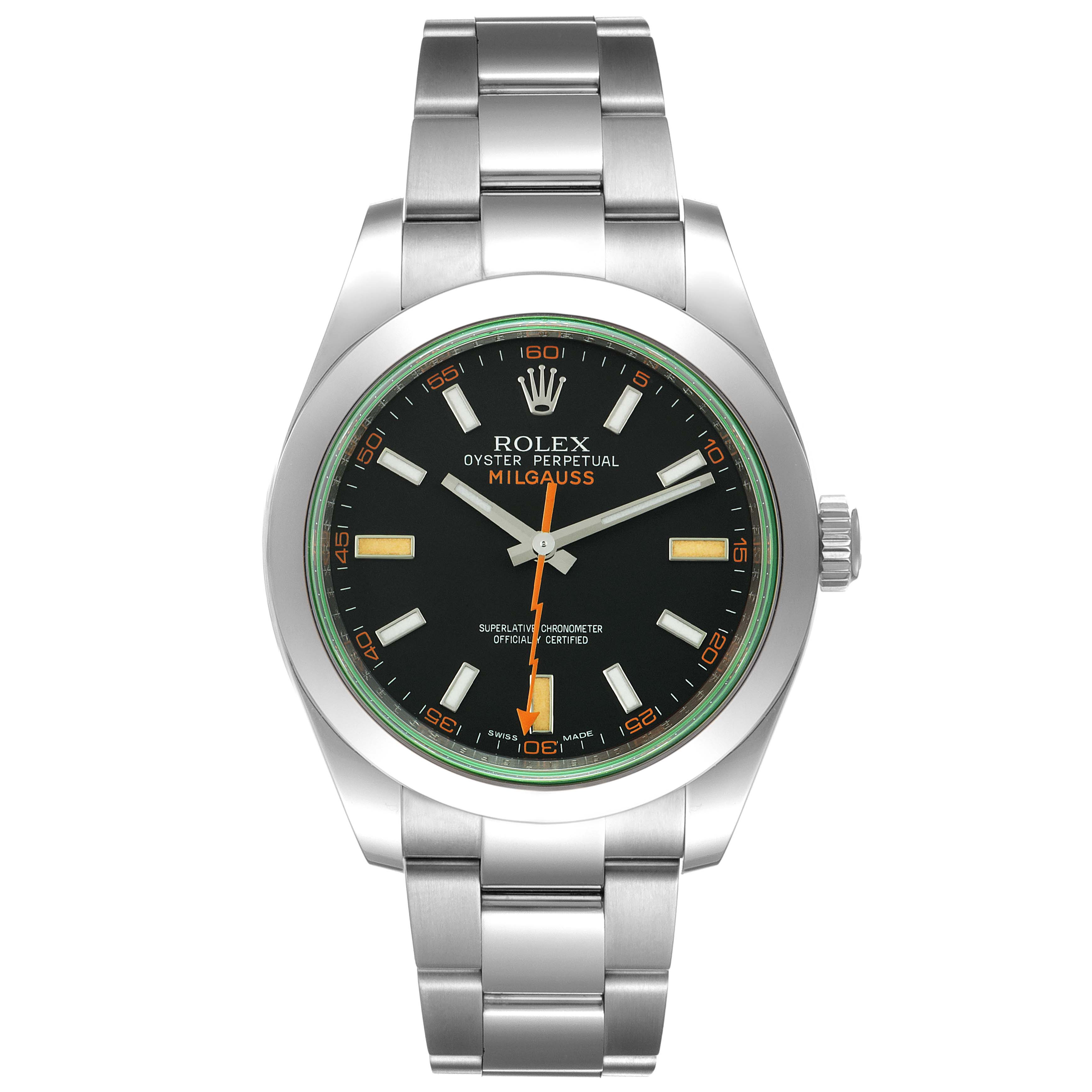 This image shows a Rolex Milgauss 116400V Men's Stainless Steel Black Dial 116400V Men's Stainless Steel Black Dial watch from a front view, displaying its dial, bezel, and bracelet.