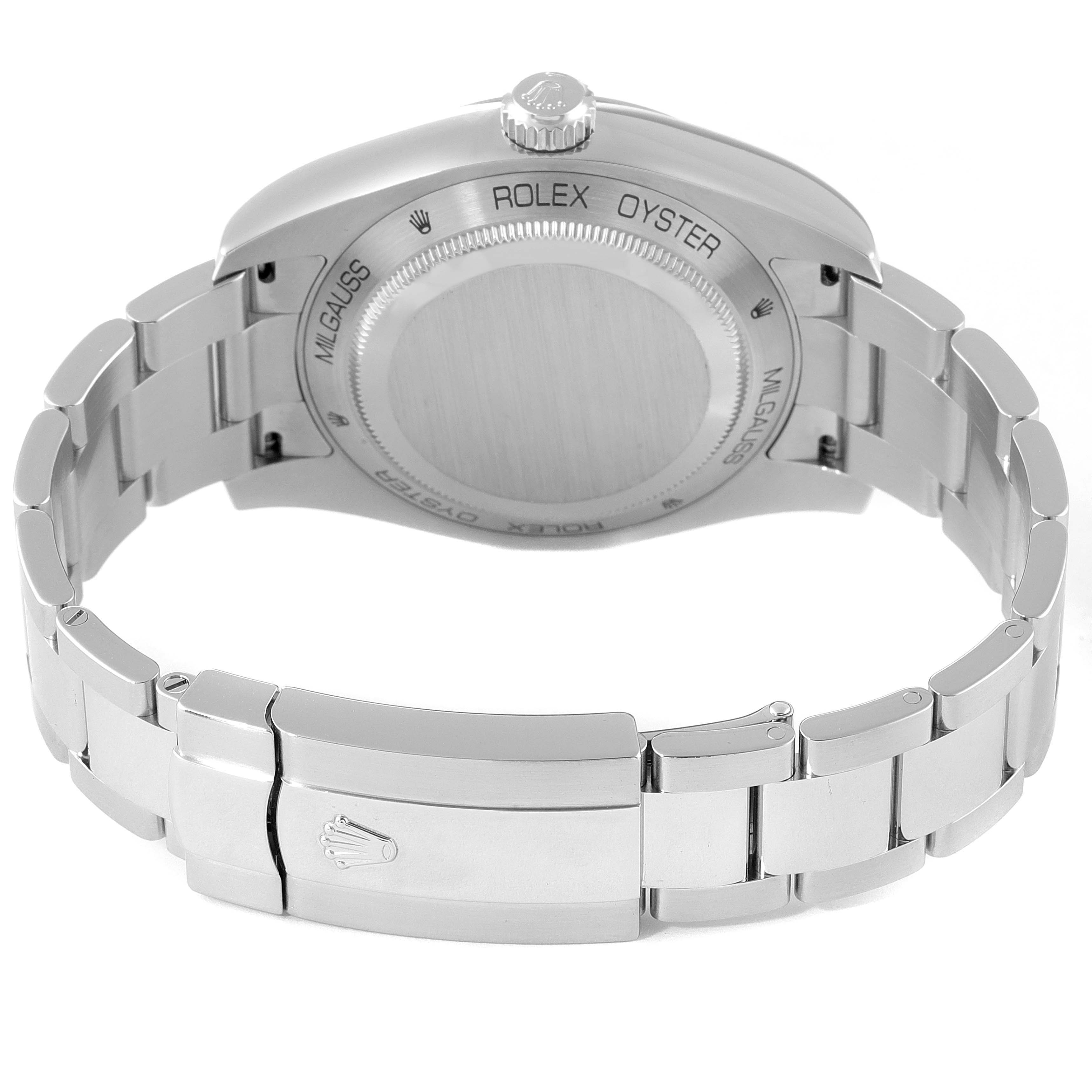 This image shows the back of a Rolex Milgauss 116400V Men's Stainless Steel Black Dial 116400V Men's Stainless Steel Black Dial watch, highlighting its case, bracelet, and clasp.