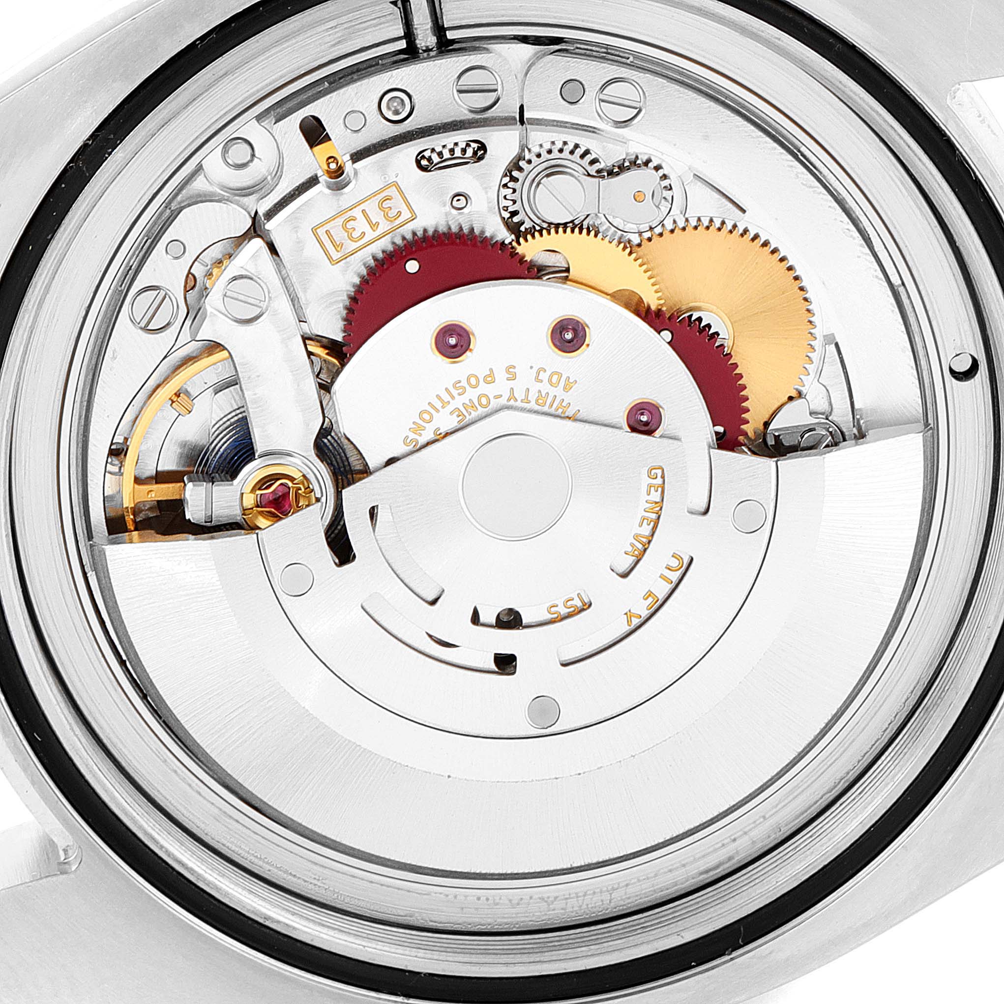 This image shows the internal mechanism and components of a Rolex Milgauss 116400V Men's Stainless Steel Black Dial 116400V Men's Stainless Steel Black Dial model watch from a close-up angle.