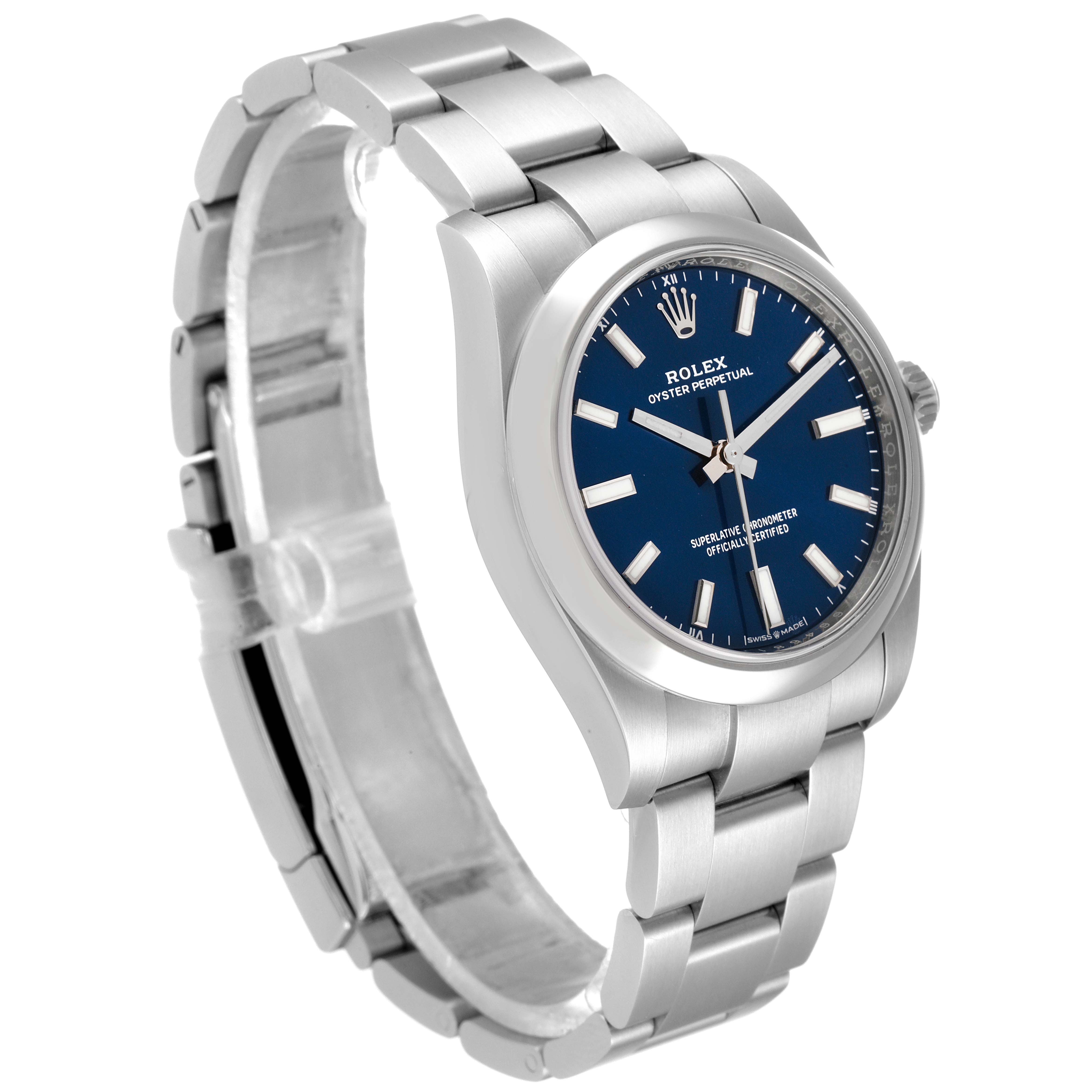 The Rolex Oyster Perpetual 124200 Men's Stainless Steel Blue Dial 124200 Men's Stainless Steel Blue Dial watch is shown from an angled view highlighting the face, bezel, case, and partial bracelet.