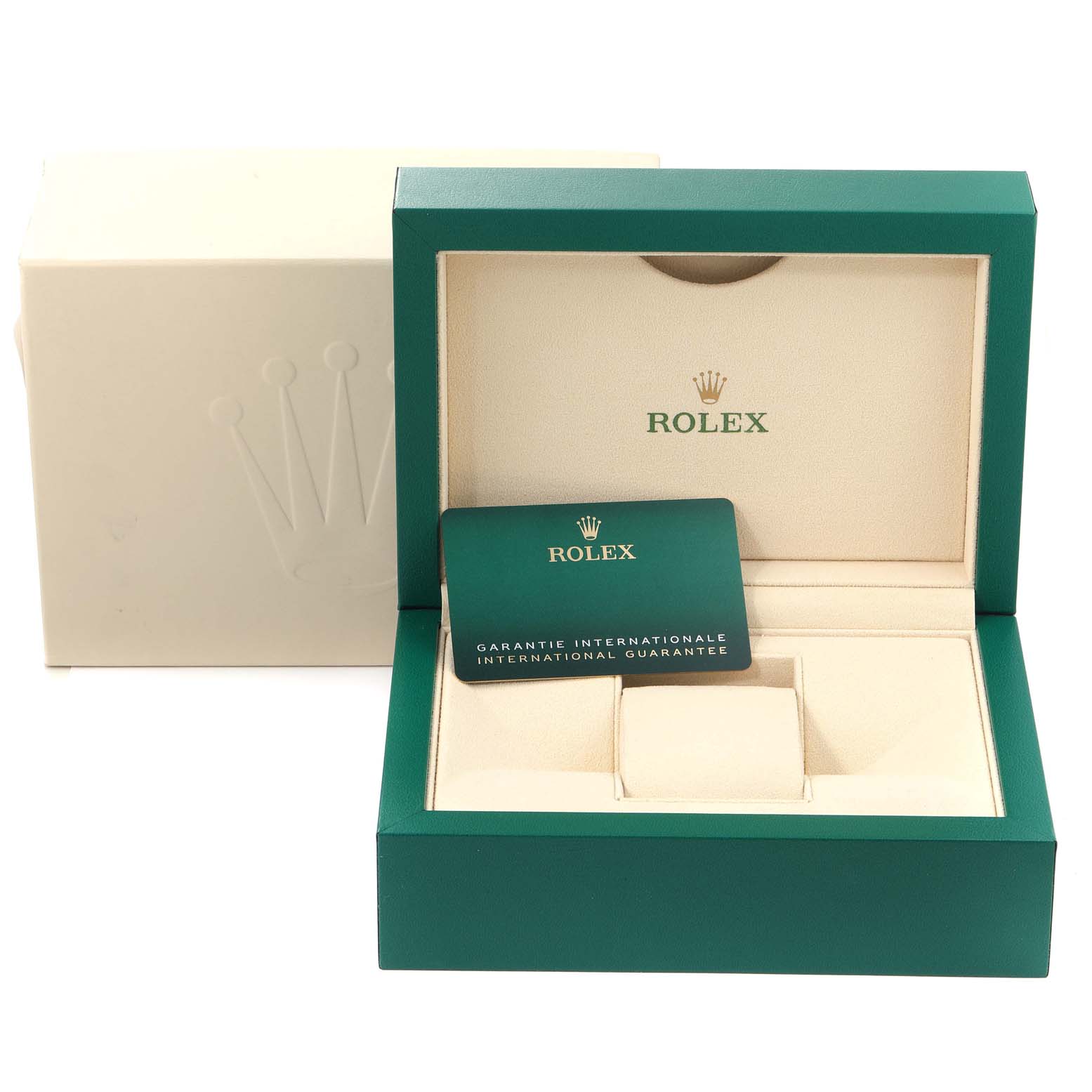 The image shows the open box and guarantee card of a Rolex Oyster Perpetual 124200 Men's Stainless Steel Blue Dial 124200 Men's Stainless Steel Blue Dial watch, displayed from the front angle.
