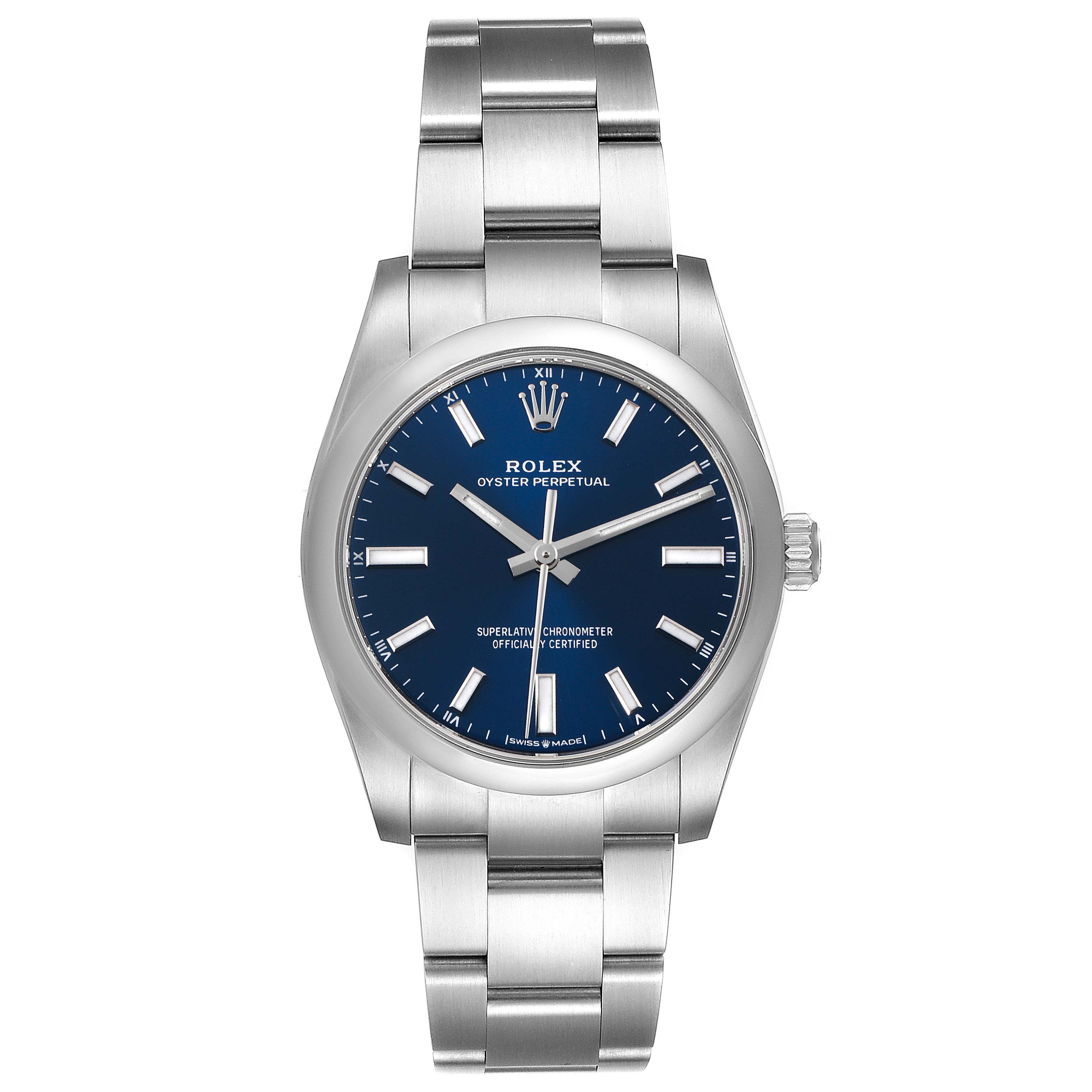 The image shows a front view of the Rolex Oyster Perpetual 124200 Men's Stainless Steel Blue Dial 124200 Men's Stainless Steel Blue Dial watch, displaying the case, dial, and bracelet.
