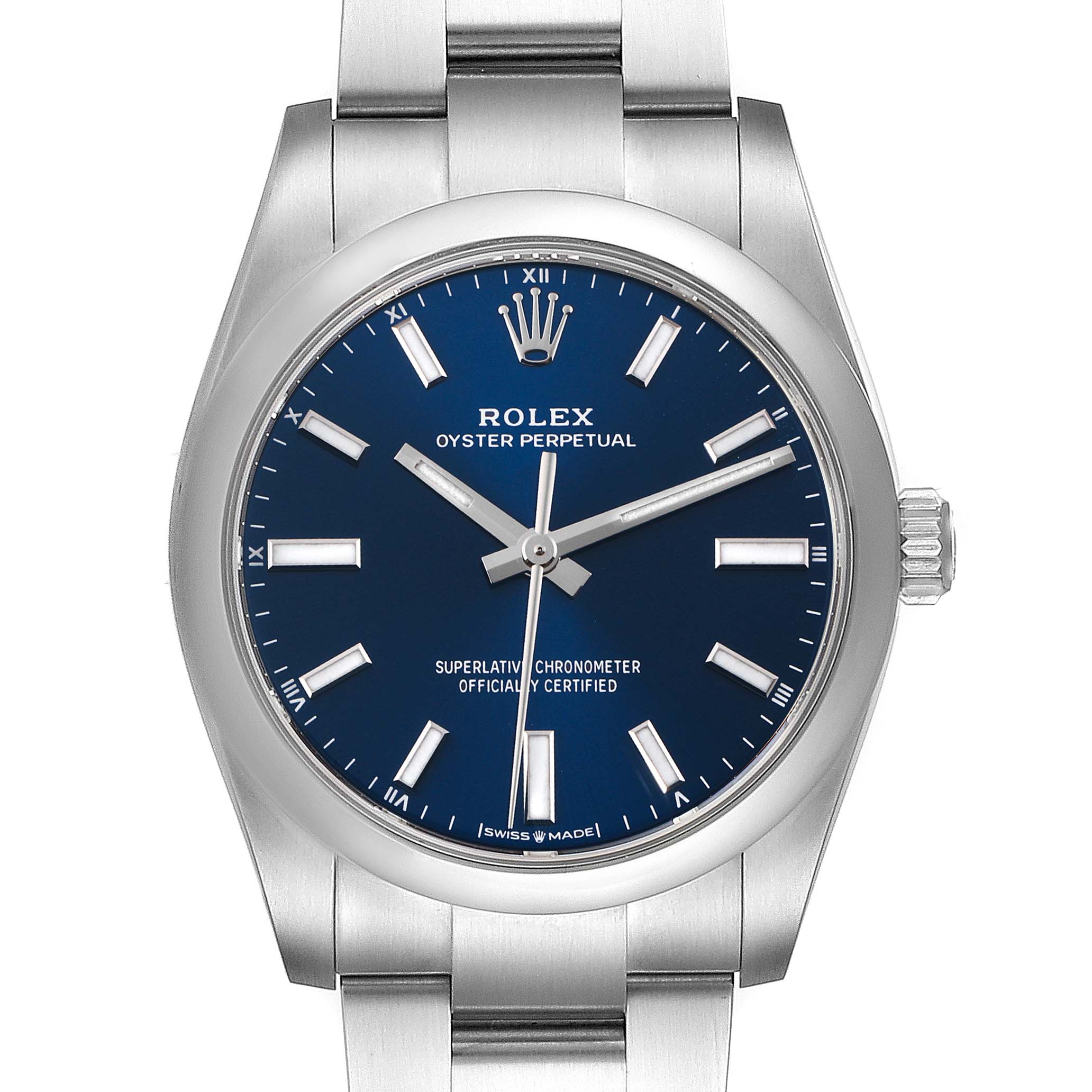 This is a frontal view of the Rolex Oyster Perpetual 124200 Men's Stainless Steel Blue Dial 124200 Men's Stainless Steel Blue Dial watch, showing the face, crown, and part of the bracelet.