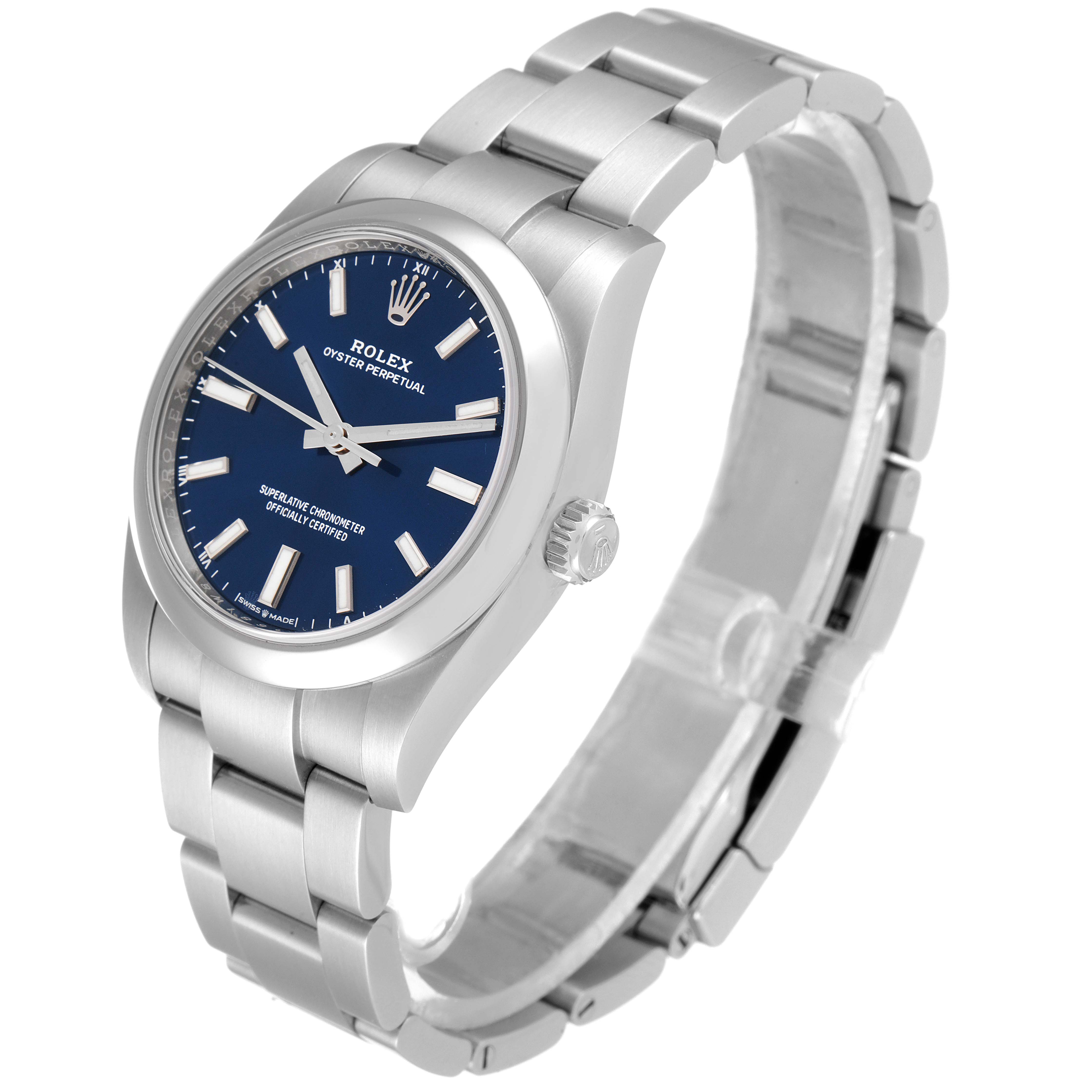 This image shows a side angle of a Rolex Oyster Perpetual 124200 Men's Stainless Steel Blue Dial 124200 Men's Stainless Steel Blue Dial watch, highlighting the blue dial, stainless steel case, and bracelet.