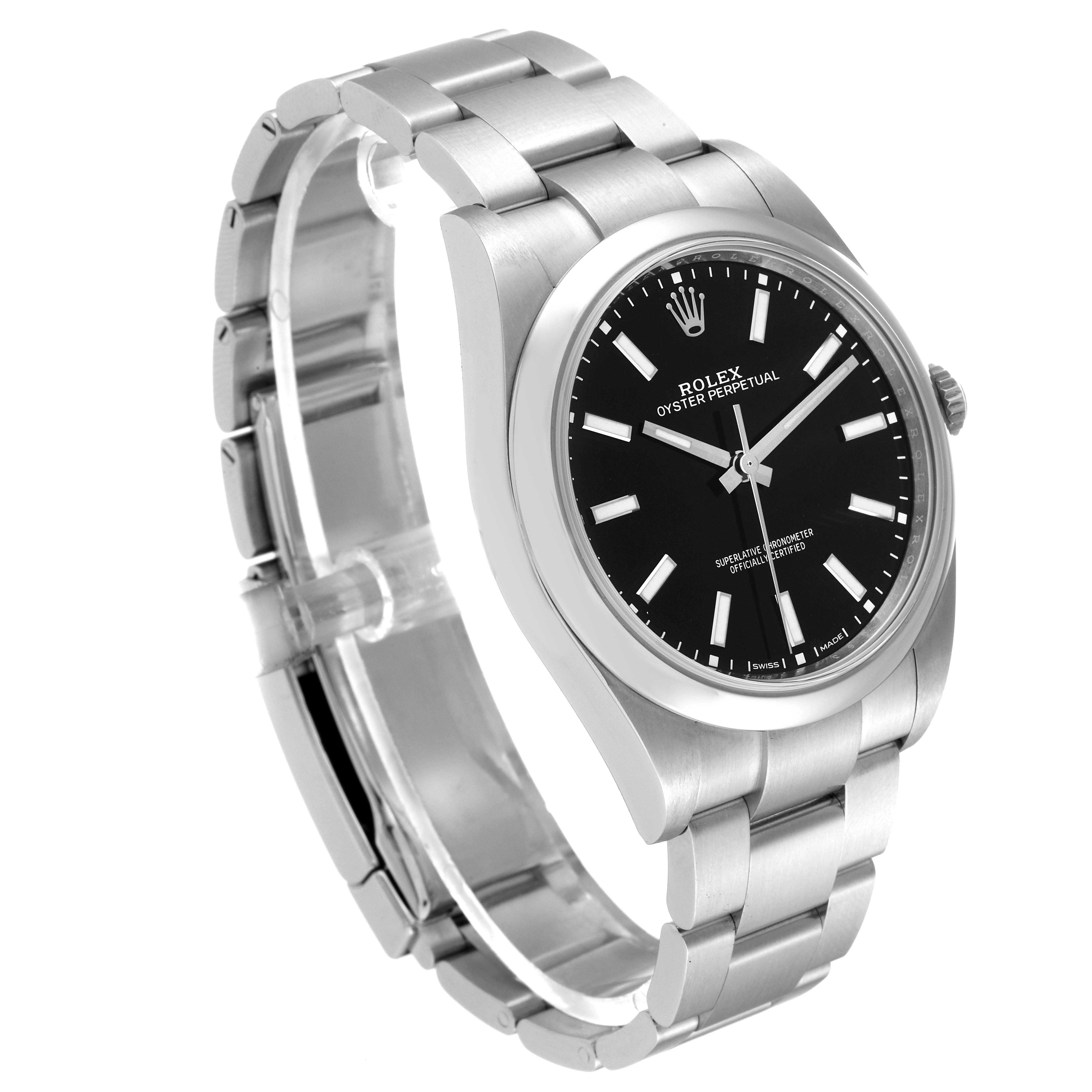 The Rolex Oyster Perpetual 114300 Men
s Stainless Steel Black Dial 114300 Men
s Stainless Steel Black Dial watch is shown at an angle highlighting its face, bracelet, and part of the clasp.