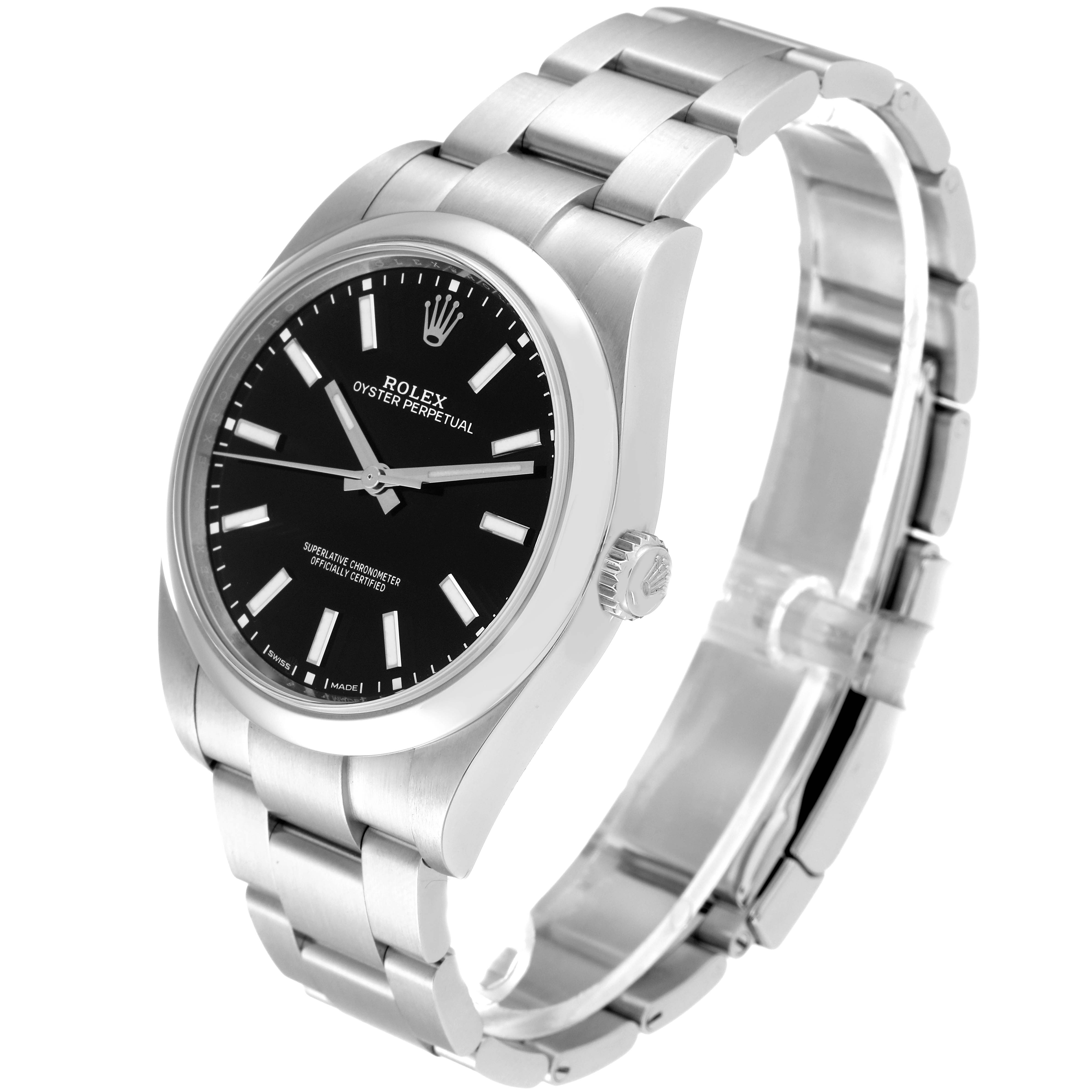 The image shows an angled view of a Rolex Oyster Perpetual 114300 Men
s Stainless Steel Black Dial 114300 Men
s Stainless Steel Black Dial watch, focusing on its black dial, crown, and stainless steel bracelet.