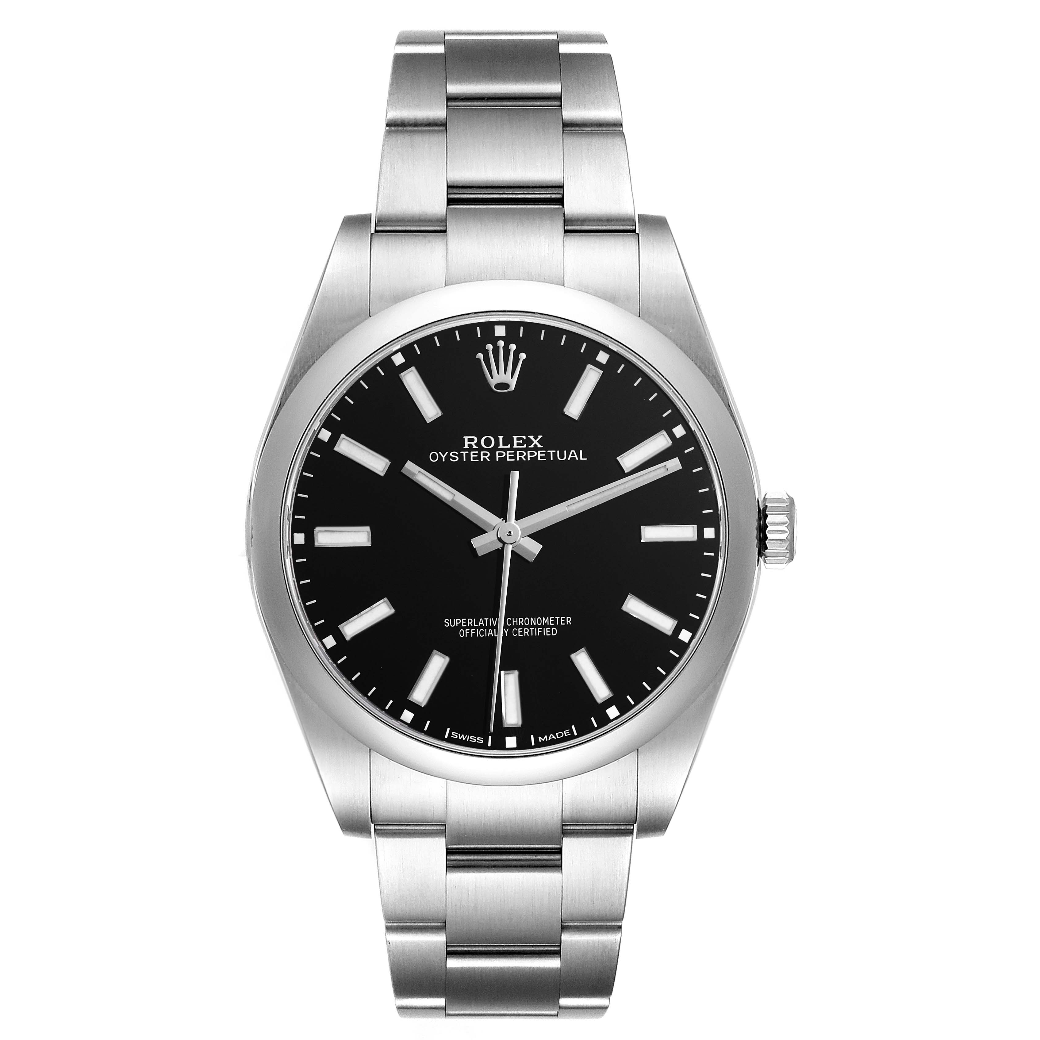 The image shows a front view of the Rolex Oyster Perpetual 114300 Men
s Stainless Steel Black Dial 114300 Men
s Stainless Steel Black Dial watch, highlighting its black dial and stainless steel bracelet.