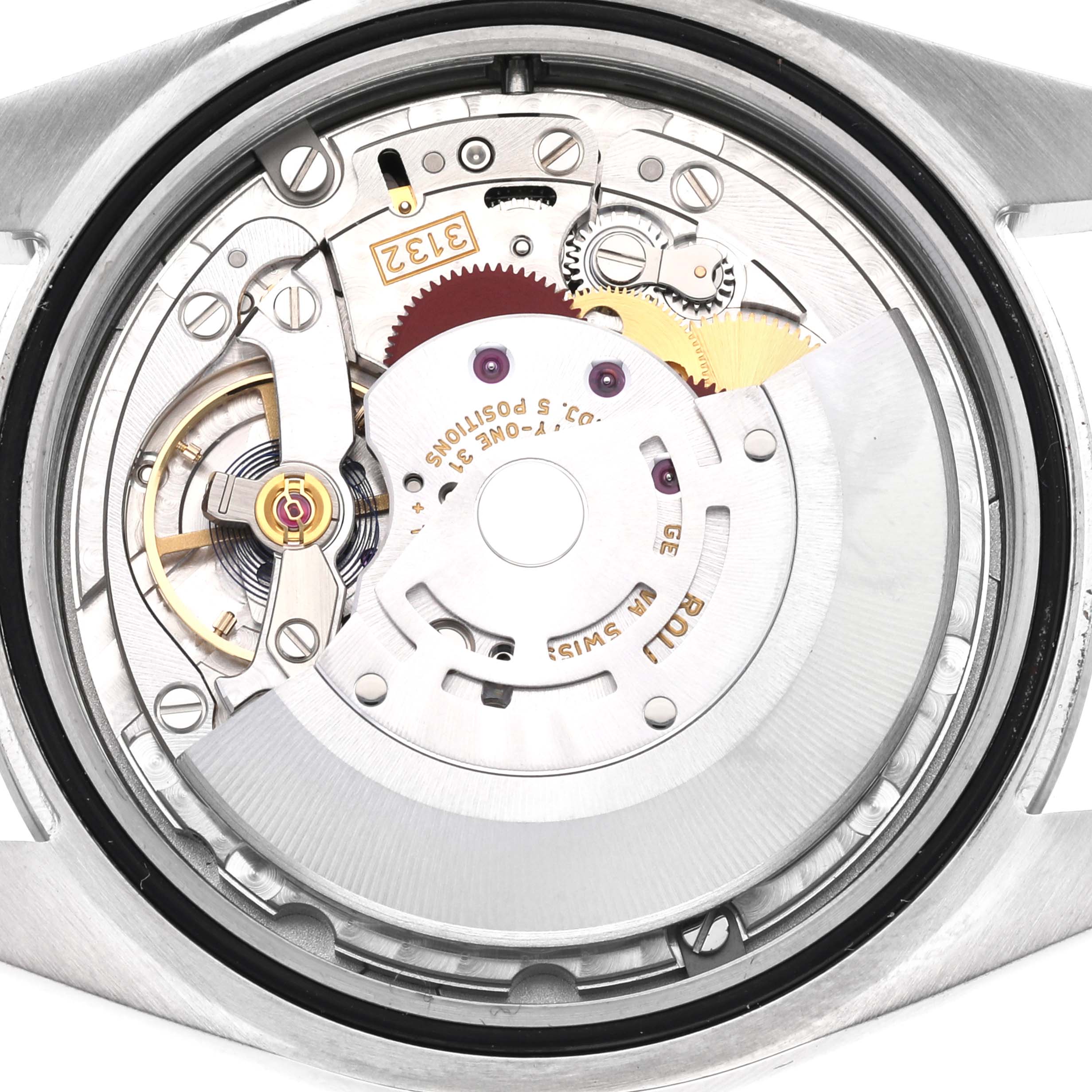 The image shows the internal mechanism and components of a Rolex Oyster Perpetual 114300 Men
s Stainless Steel Black Dial 114300 Men
s Stainless Steel Black Dial watch from a rear view.