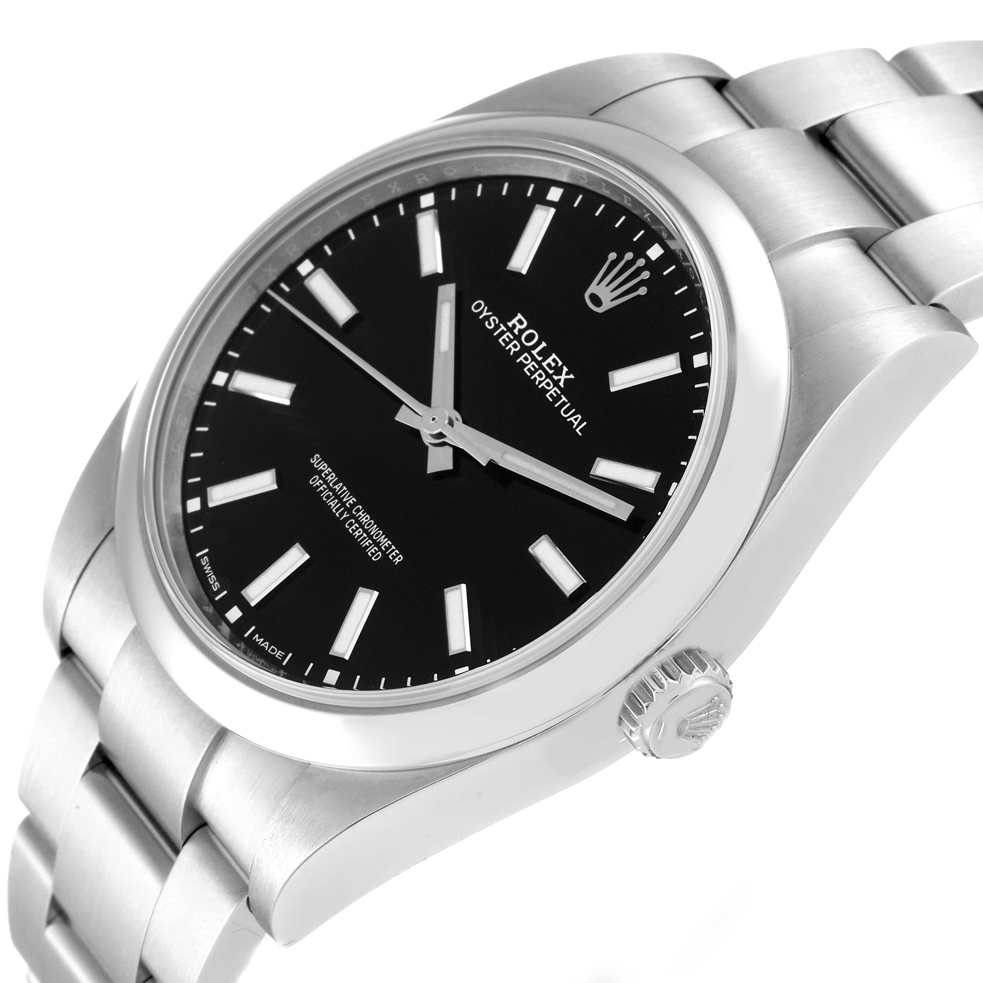 The image shows a side and front angle of the Rolex Oyster Perpetual 114300 Men
s Stainless Steel Black Dial 114300 Men
s Stainless Steel Black Dial watch, highlighting the face, crown, and part of the bracelet.