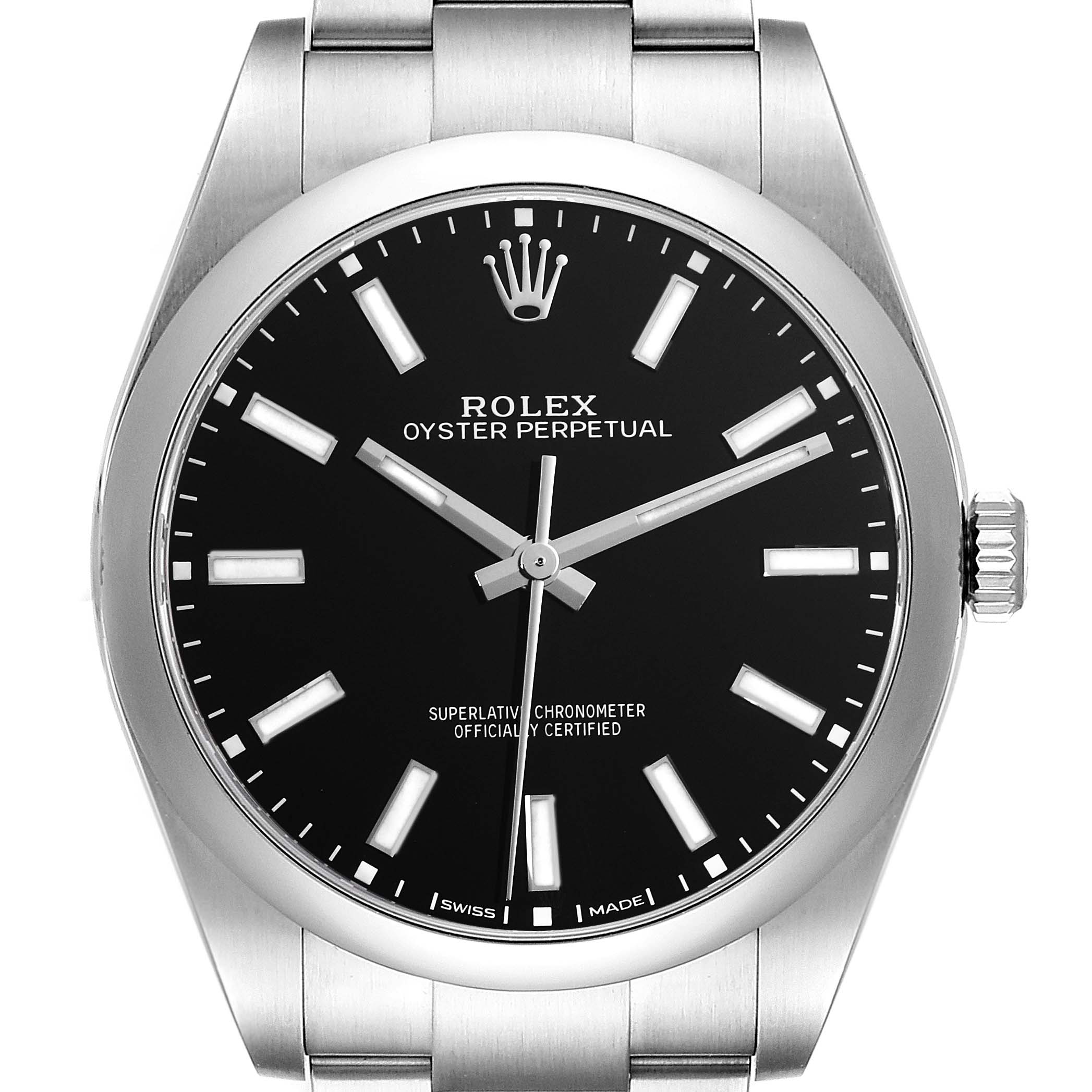 The image shows a front view of a Rolex Oyster Perpetual 114300 Men
s Stainless Steel Black Dial 114300 Men
s Stainless Steel Black Dial watch displaying the dial, hands, markers, and part of the bracelet.