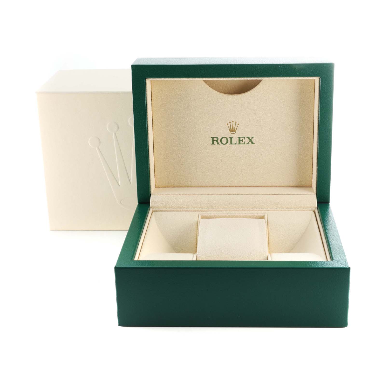The image shows the open display box and outer box for a Rolex Oyster Perpetual 114300 Men
s Stainless Steel Black Dial 114300 Men
s Stainless Steel Black Dial watch, viewed from the front angle.