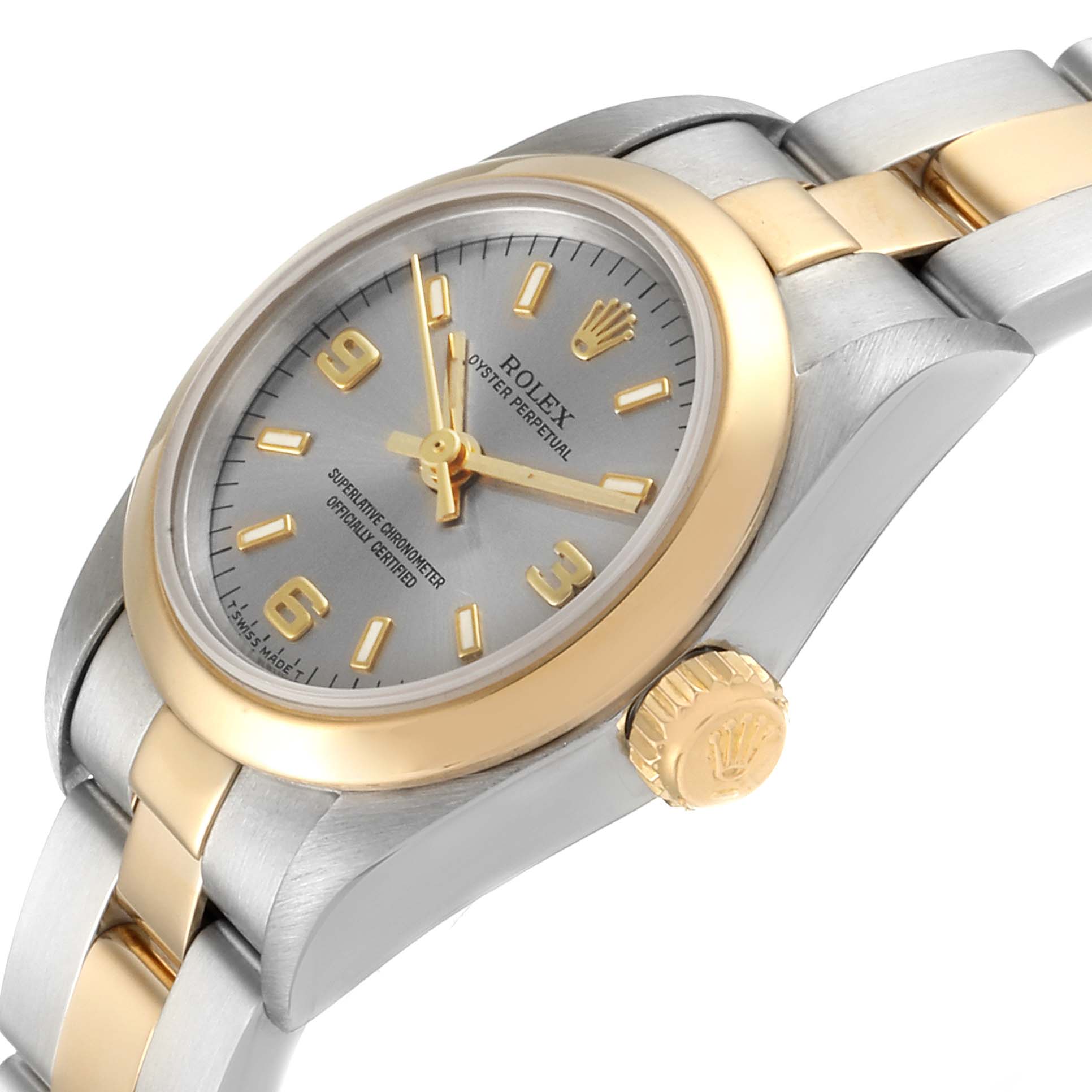 This image shows a side angle of a Rolex Oyster Perpetual 67183 Women's Steel and Gold (two tone) Grey Dial 67183 Women's Steel and Gold (two tone) Grey Dial watch, highlighting the face, bezel, and crown.