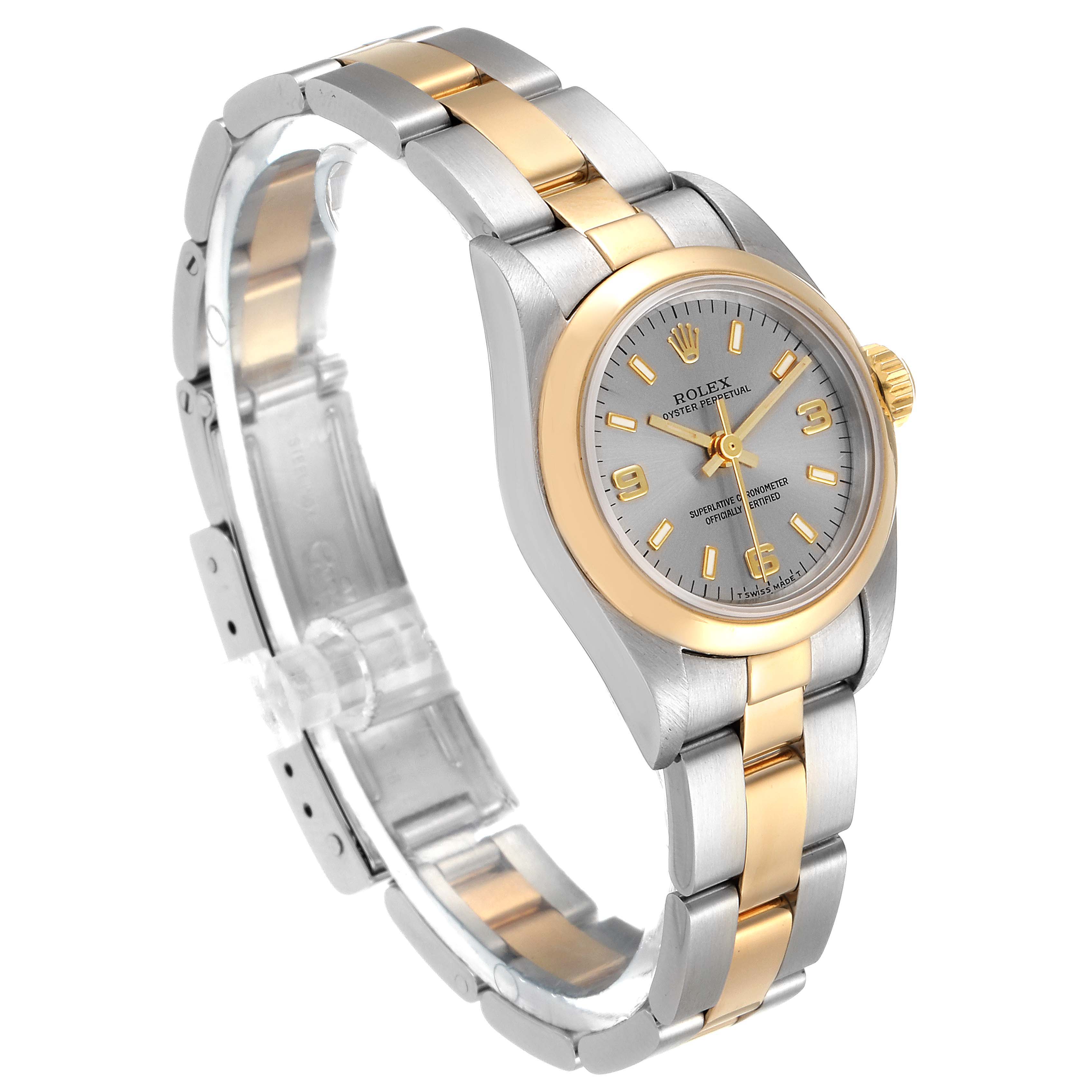 The image shows a side-view angle of a Rolex Oyster Perpetual 67183 Women's Steel and Gold (two tone) Grey Dial 67183 Women's Steel and Gold (two tone) Grey Dial watch, highlighting its two-tone bracelet and face.