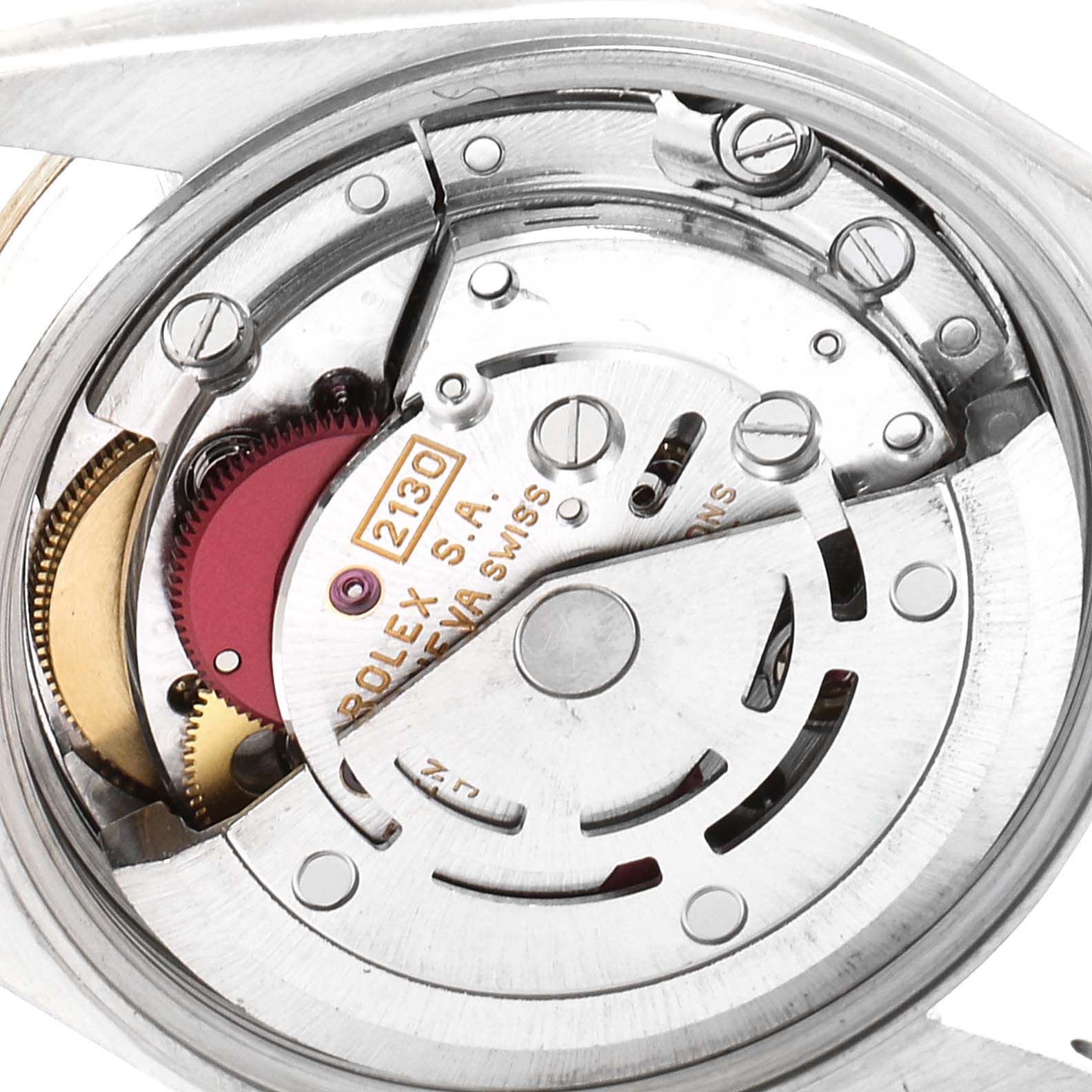 The image shows the interior mechanism and movement of a Rolex Oyster Perpetual 67183 Women's Steel and Gold (two tone) Grey Dial 67183 Women's Steel and Gold (two tone) Grey Dial watch.