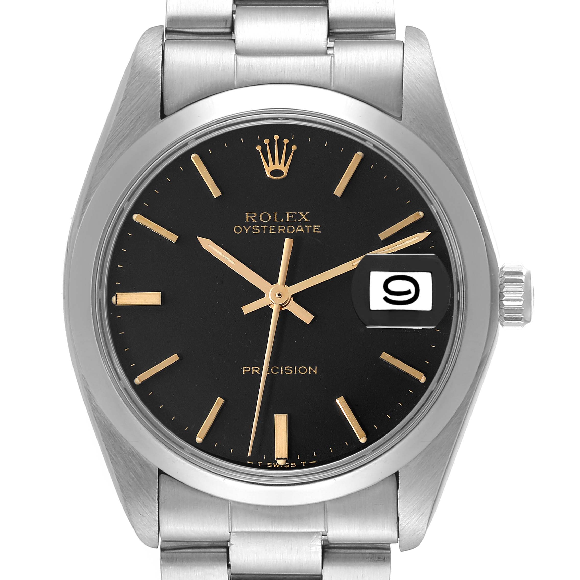 The image shows a front view of the Rolex Vintage Collection 6694 Men's Stainless Steel Black Dial 6694 Men's Stainless Steel Black Dial Oysterdate Precision watch, focusing on the dial and stainless steel bracelet.
