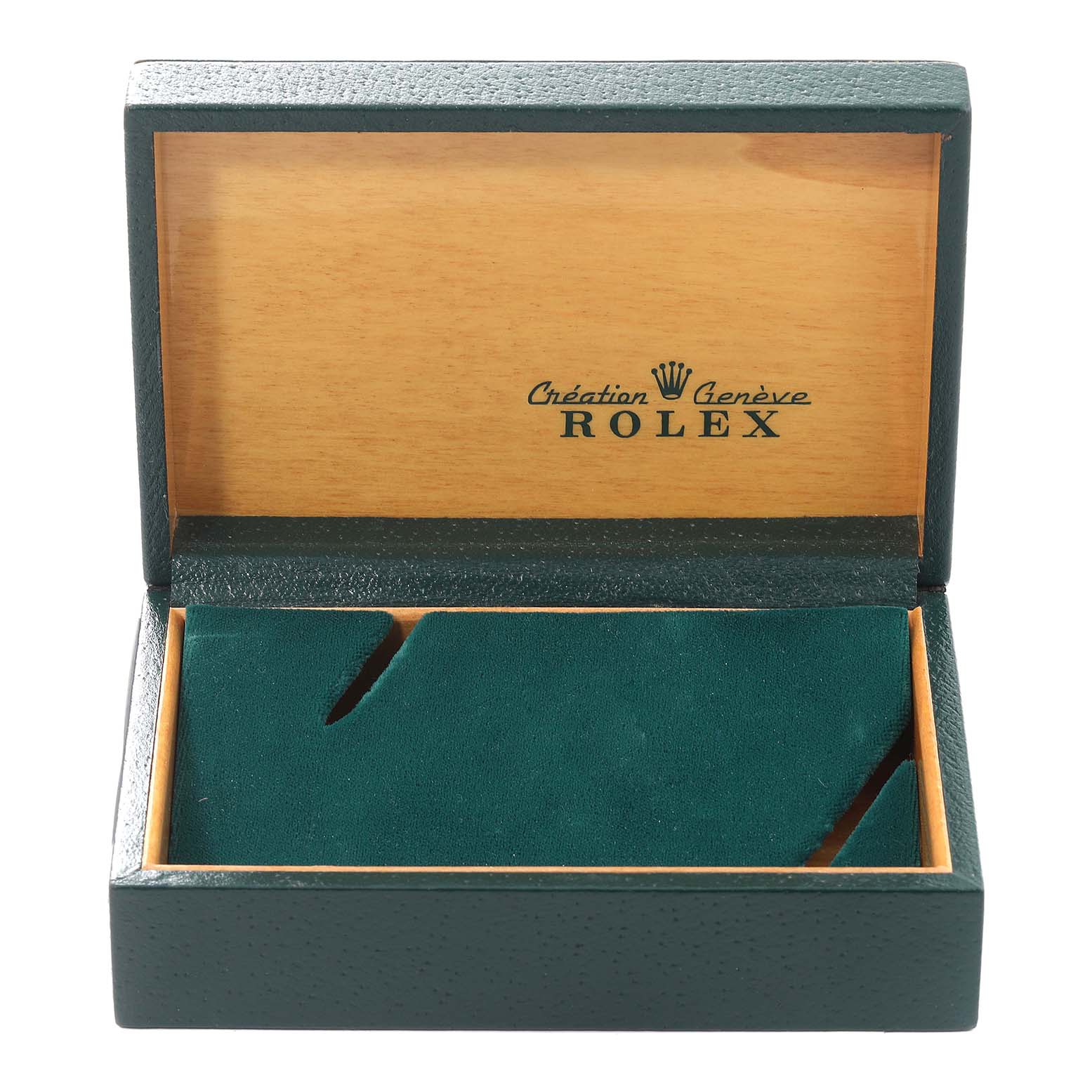 The image shows an open green and wooden box for a Rolex Vintage Collection 6694 Men's Stainless Steel Black Dial 6694 Men's Stainless Steel Black Dial model, with the brand's logo inside the lid.