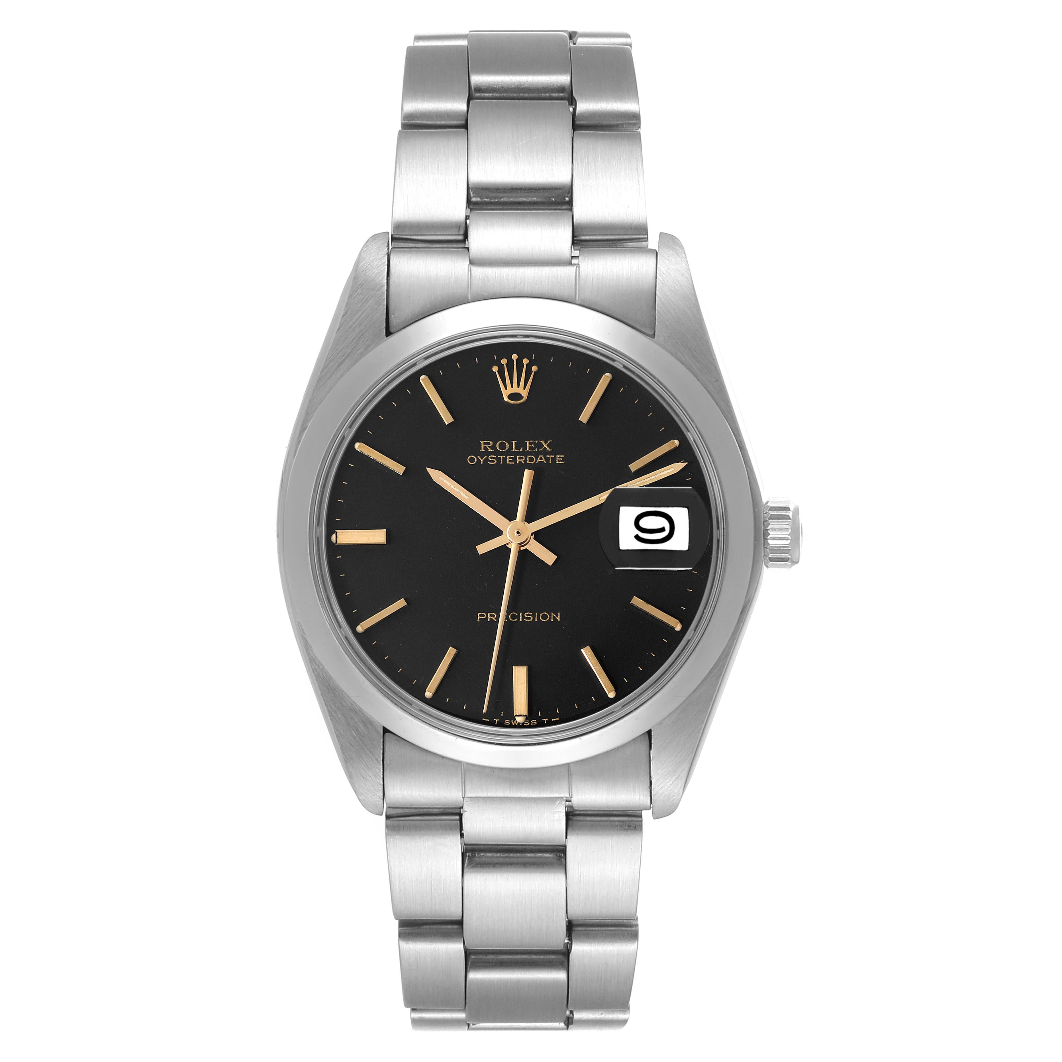 This image shows a front view of the Rolex Vintage Collection 6694 Men's Stainless Steel Black Dial 6694 Men's Stainless Steel Black Dial watch, highlighting the dial, markers, hands, date, and bracelet.