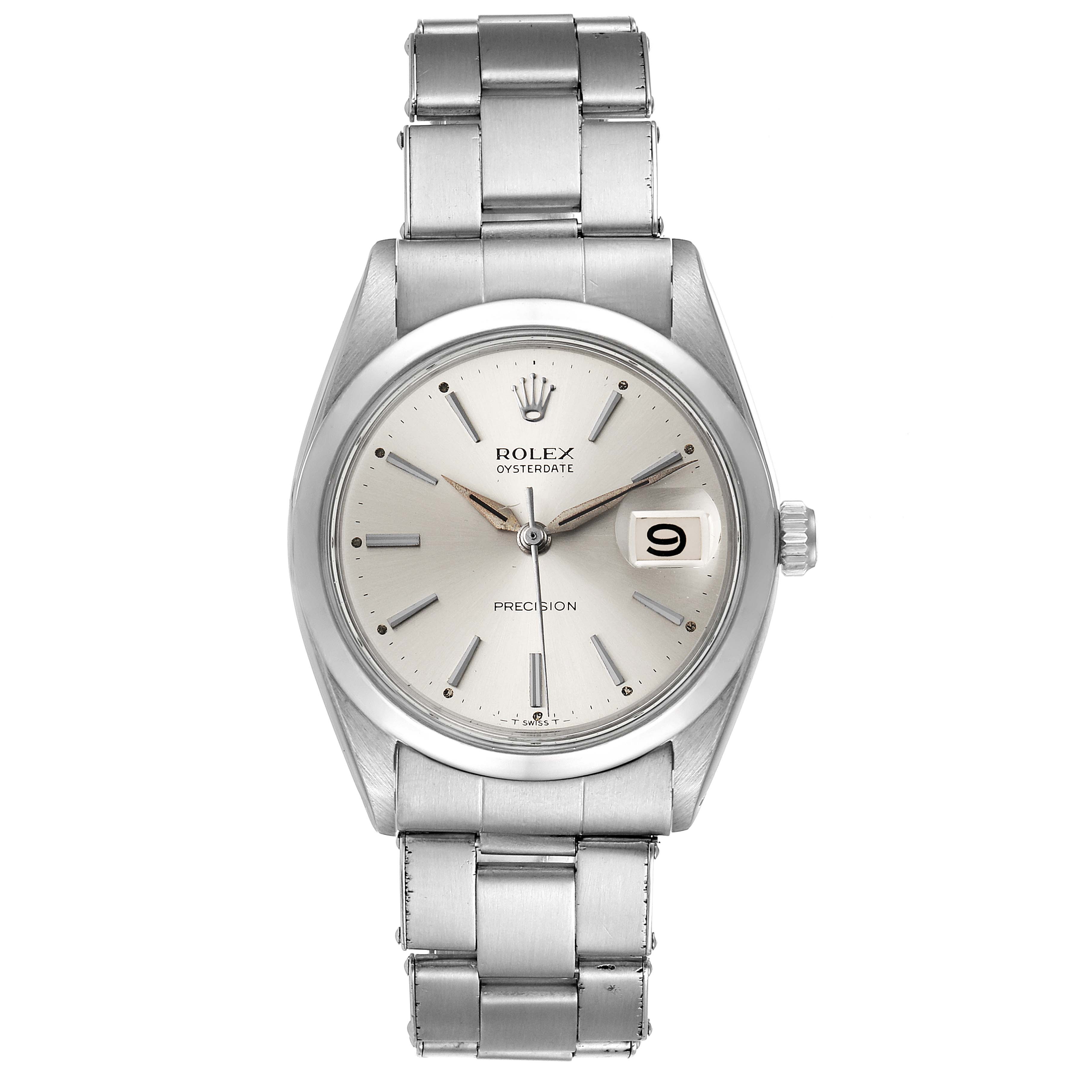 This image shows a front view of the Rolex Vintage Collection 6694 Men
s Stainless Steel Silver Dial 6694 Men
s Stainless Steel Silver Dial Oysterdate watch, highlighting its face, bezel, and bracelet.